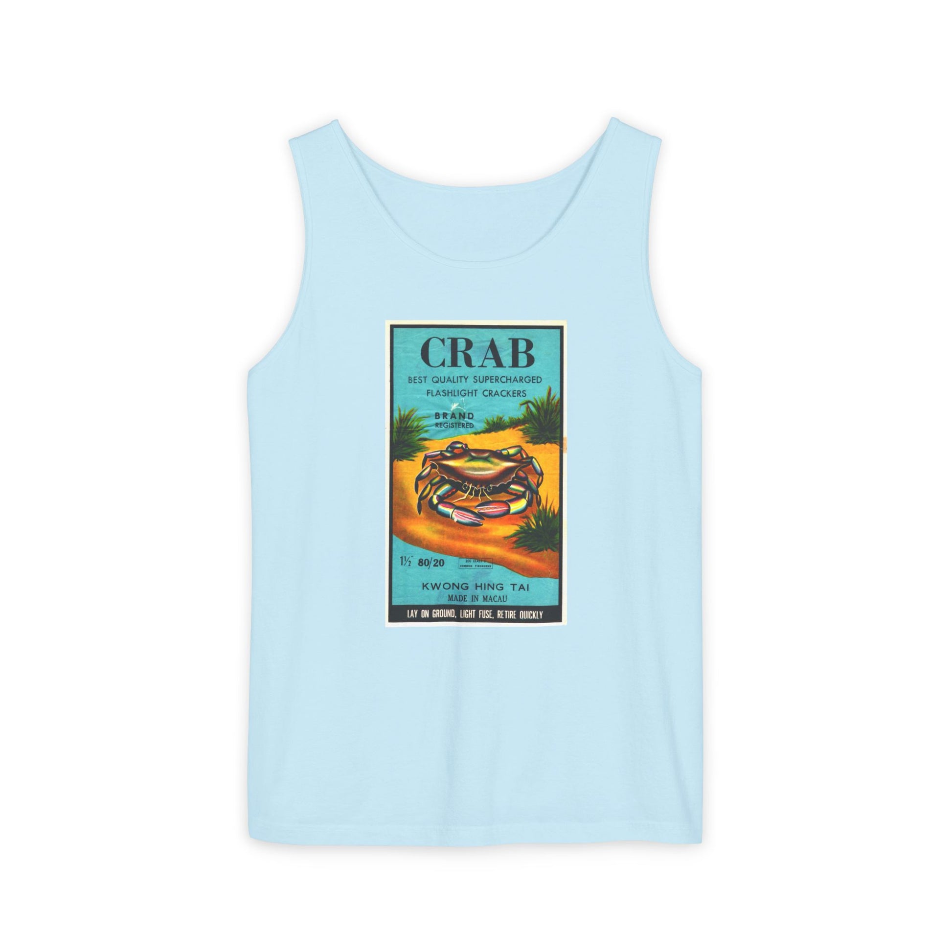 Crab Brand Firecrackers tank top detail — mid-century fireworks packaging art — The Faded Label Co.