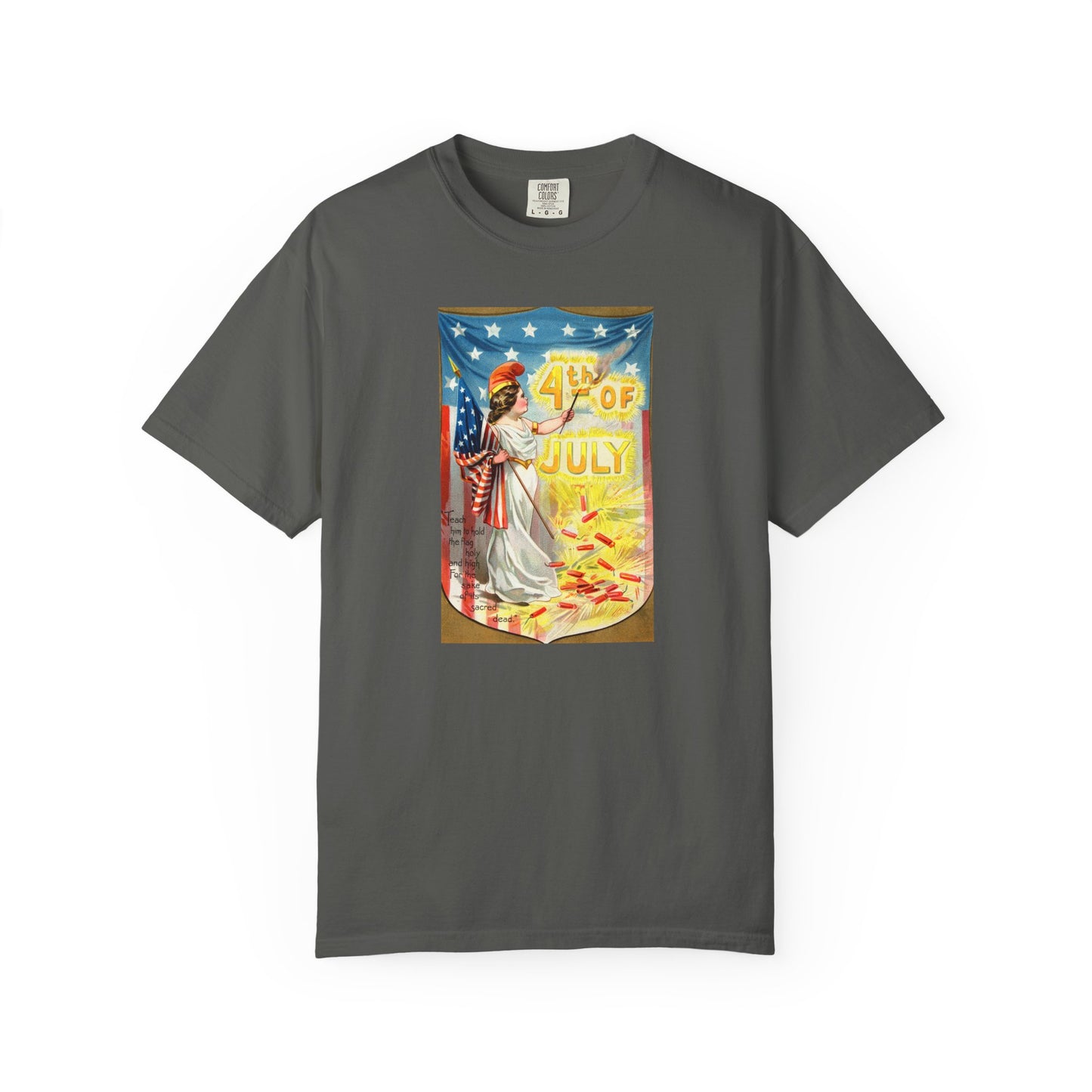 4th of July Flag Girl t-shirt chambray — vintage Columbia patriotic postcard art — The Faded Label Co.