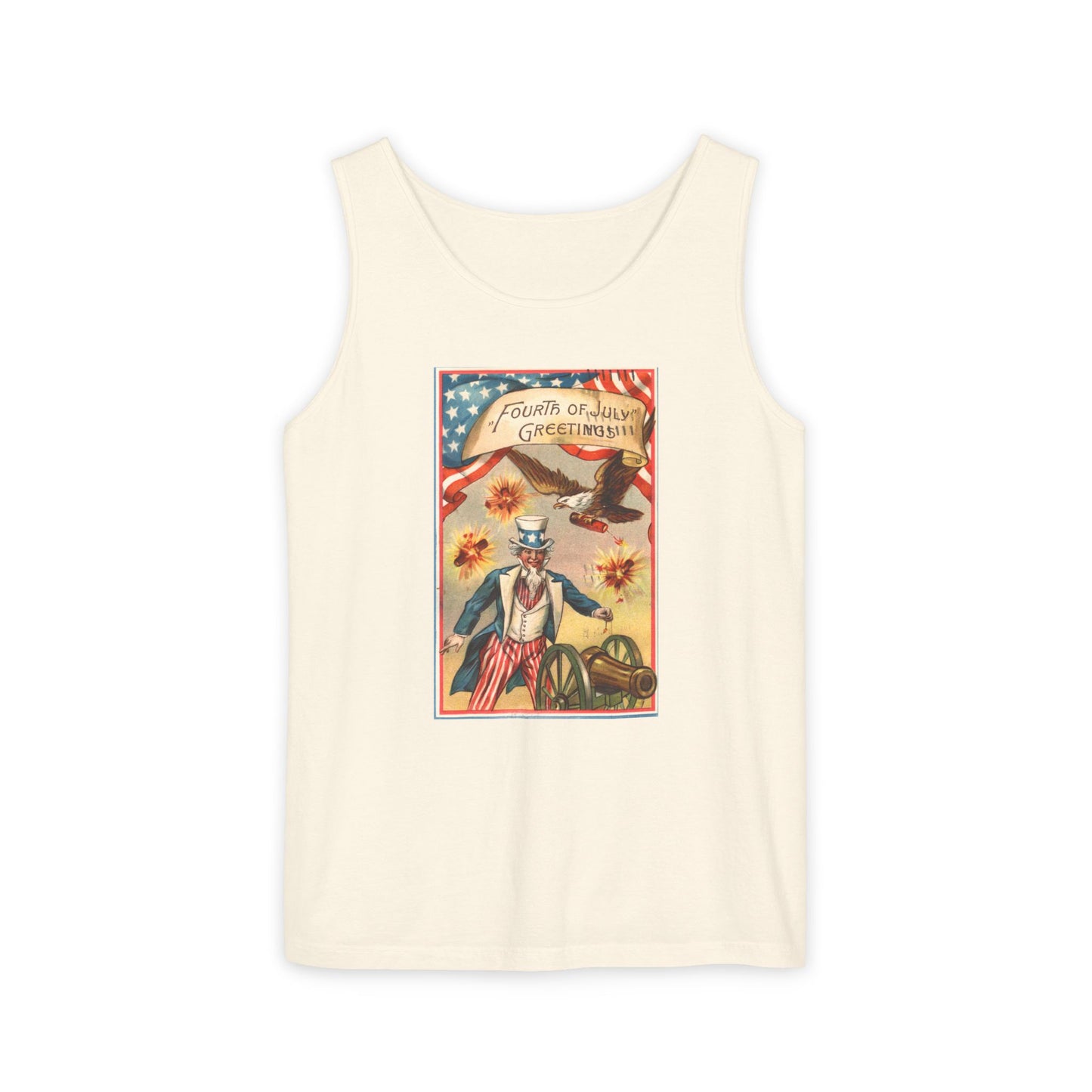 Fourth of July Greetings Uncle Sam tank top white — vintage patriotic postcard art — The Faded Label Co.