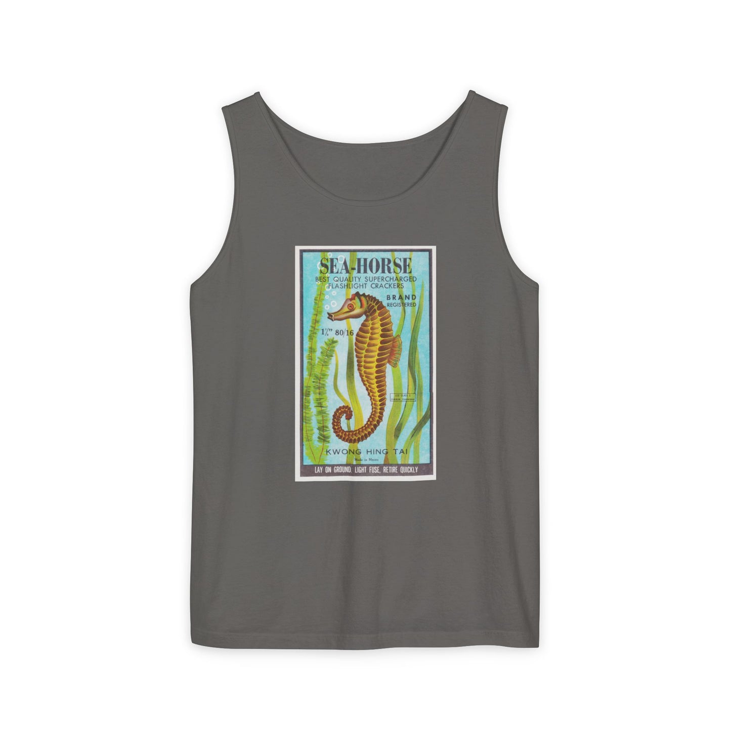 Seahorse Brand Firecrackers tank top blue jean — Comfort Colors garment-dyed — The Faded Label Co.