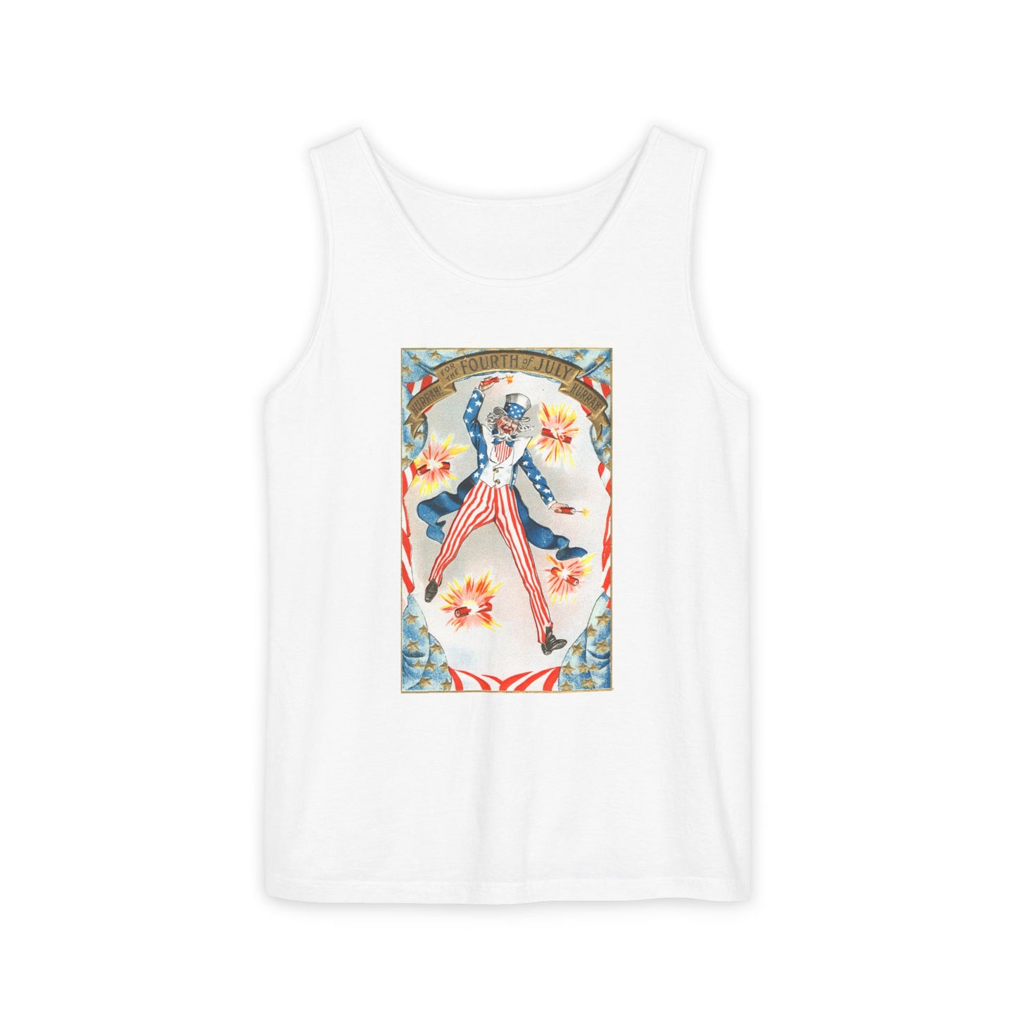 Hurrah Fourth of July Uncle Sam tank top denim — vintage patriotic postcard art — The Faded Label Co.