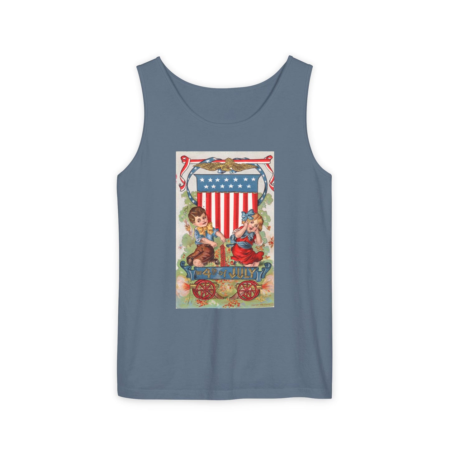 1908 Fourth of July Wagon tank top ice blue — vintage patriotic postcard art — The Faded Label Co.