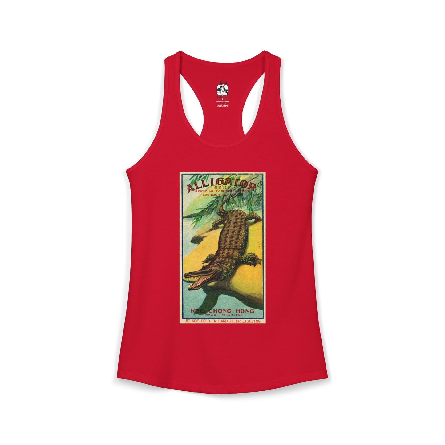 Alligator Firecrackers racerback tank white — mid-century fireworks packaging art — The Faded Label Co.