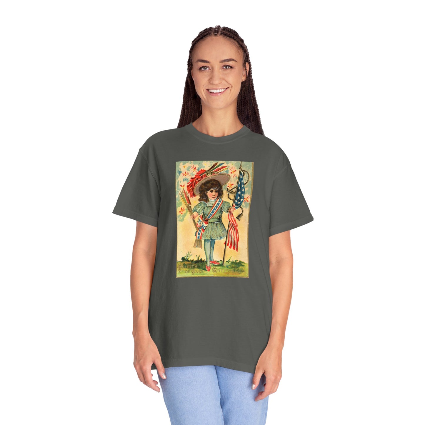 4th of July Patriotic Girl T-Shirt — Vintage Patriotic Postcard Art | The Faded Label Co.