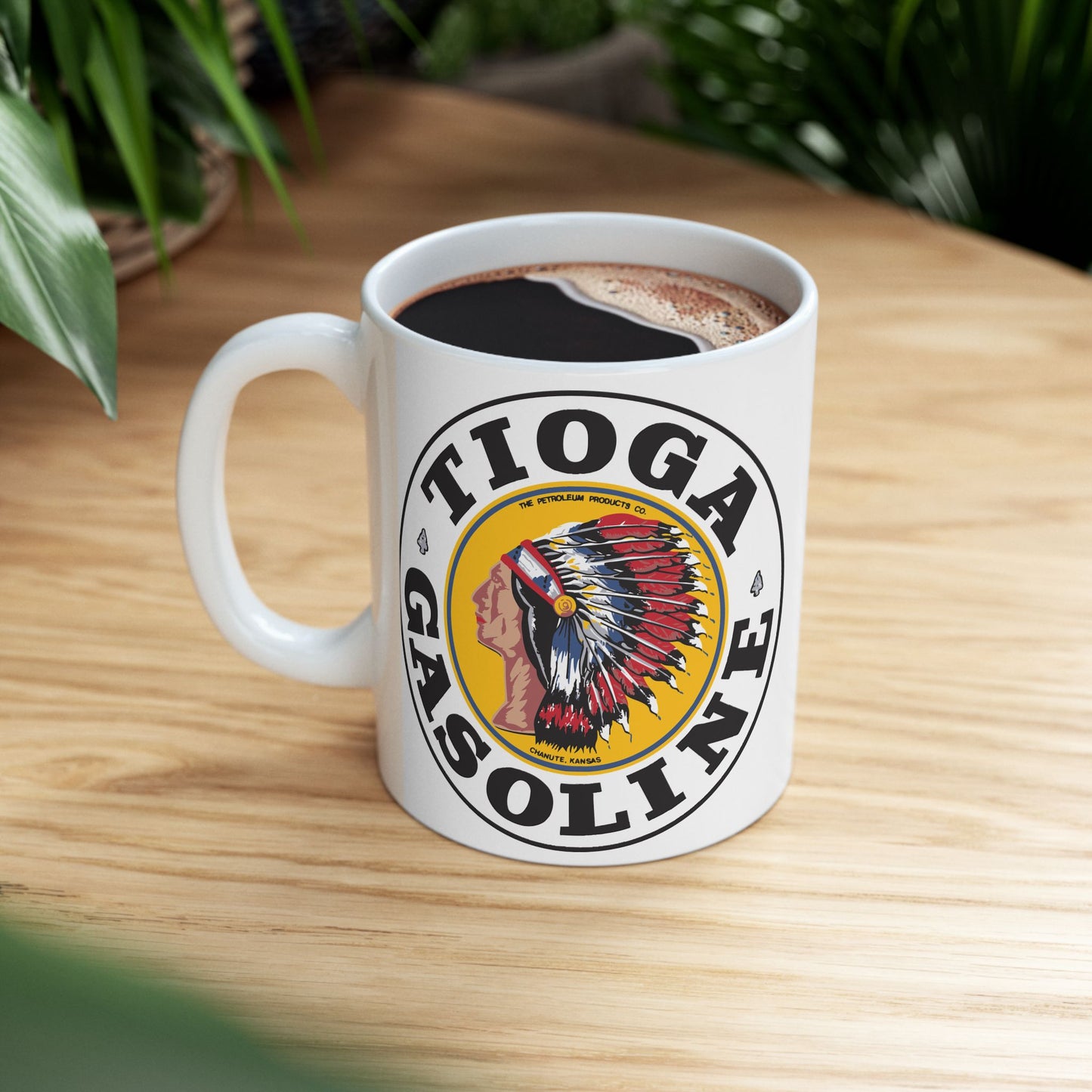 tioga Gasoline Tribe Ceramic Mug — Vintage Indian Head Logo Coffee Cup (11oz & 15oz)