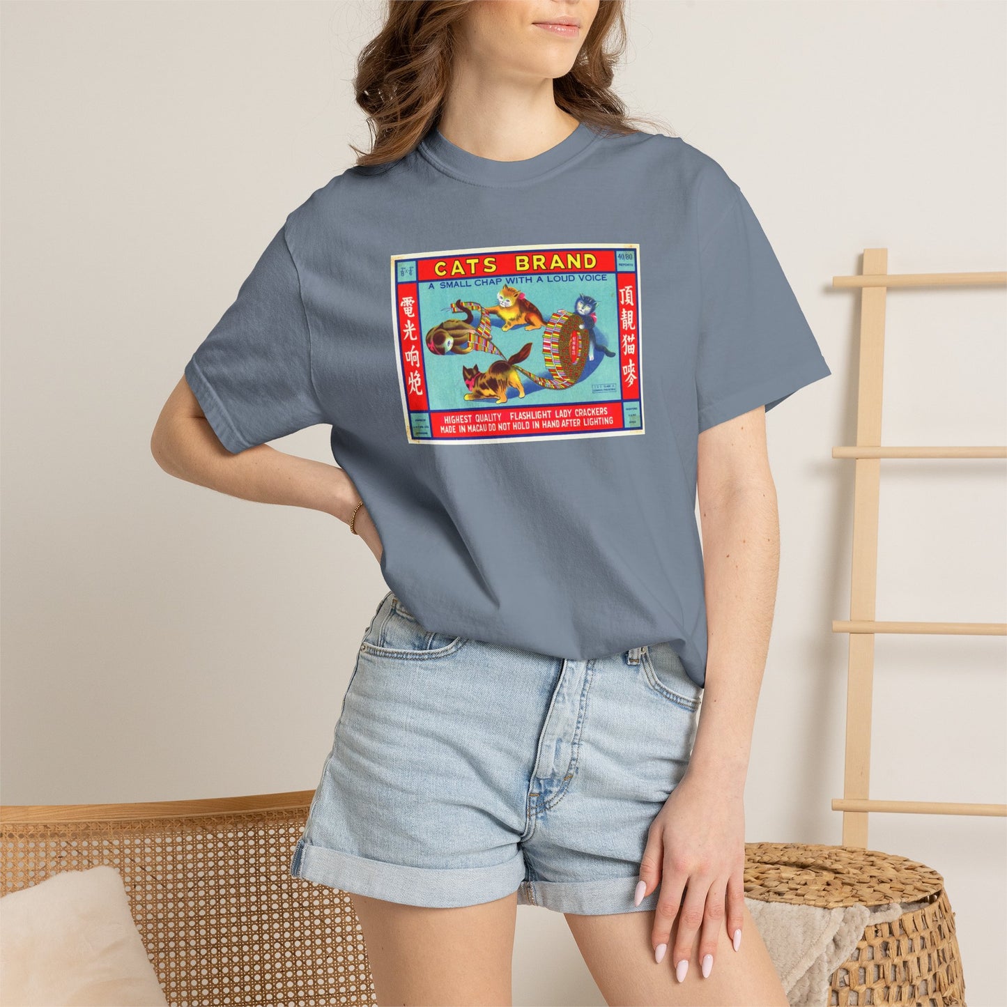 Cats Brand Firecrackers t-shirt flat lay — vintage Independence Day graphic tee — The Faded Label Co.