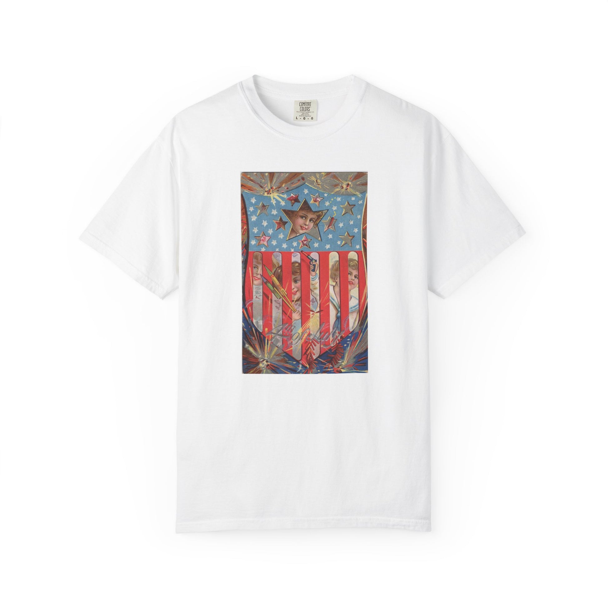 4th of July Shield Girls t-shirt white — vintage embossed patriotic postcard art — The Faded Label Co.