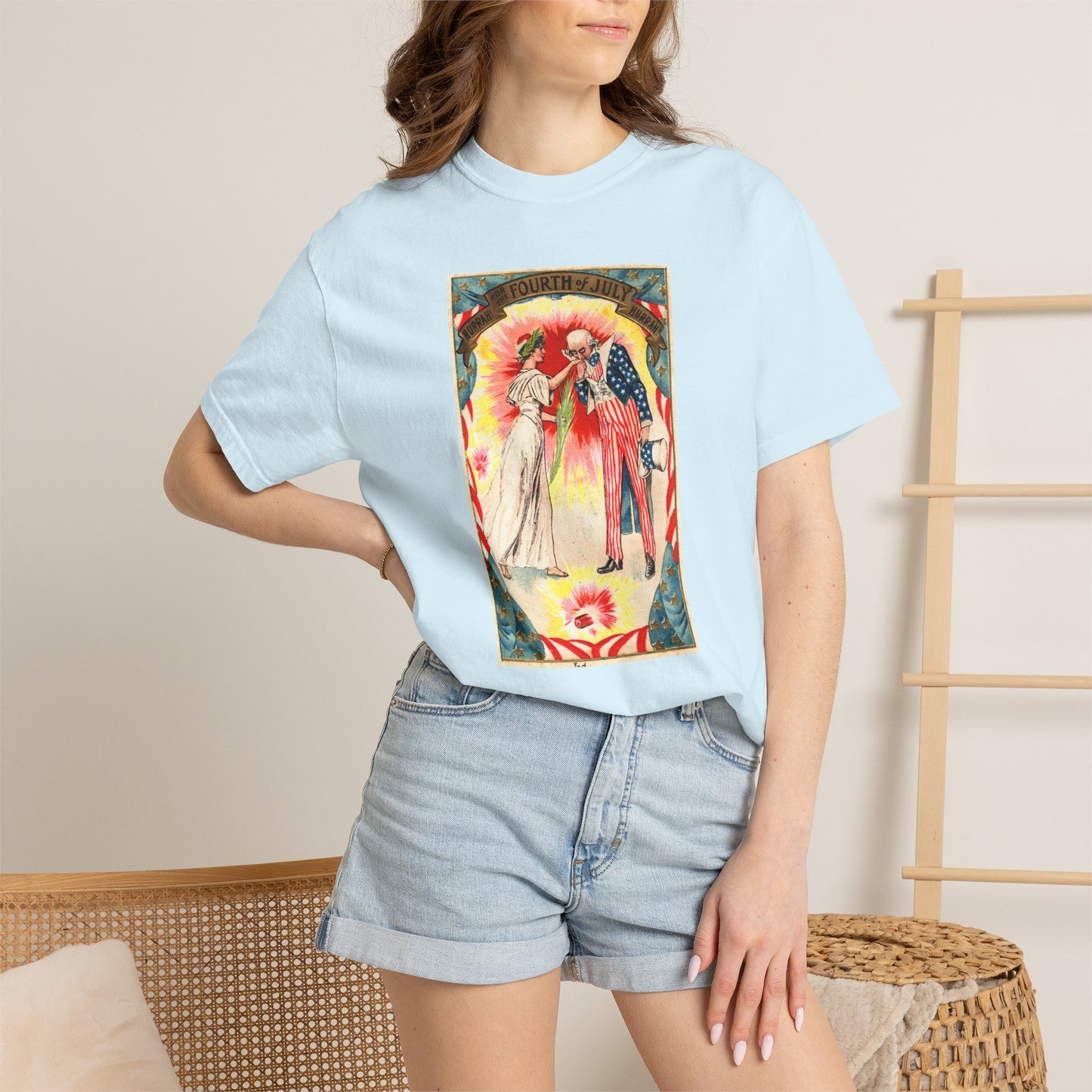 Uncle Sam and Columbia t-shirt flat lay — Comfort Colors 1717 vintage patriotic tee — The Faded Label Co.