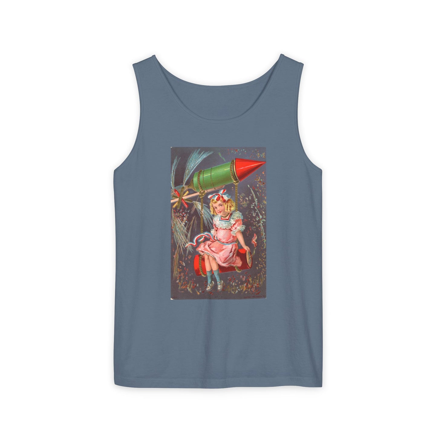 1907 Rocket Girl tank top pepper — vintage 4th of July postcard art — The Faded Label Co.