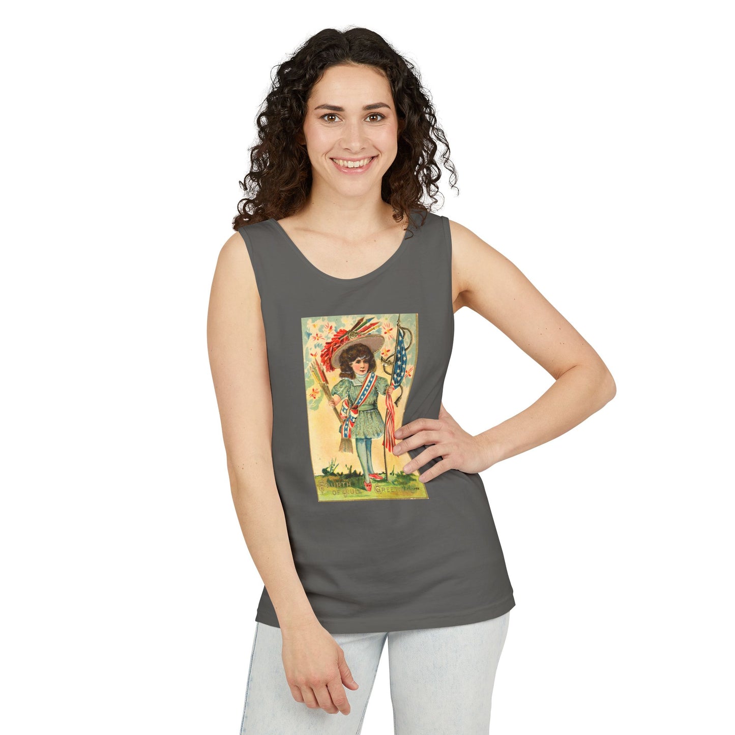 4th of July Patriotic Girl tank top flat lay blue jean — Comfort Colors 9360 unisex tank — The Faded Label Co.