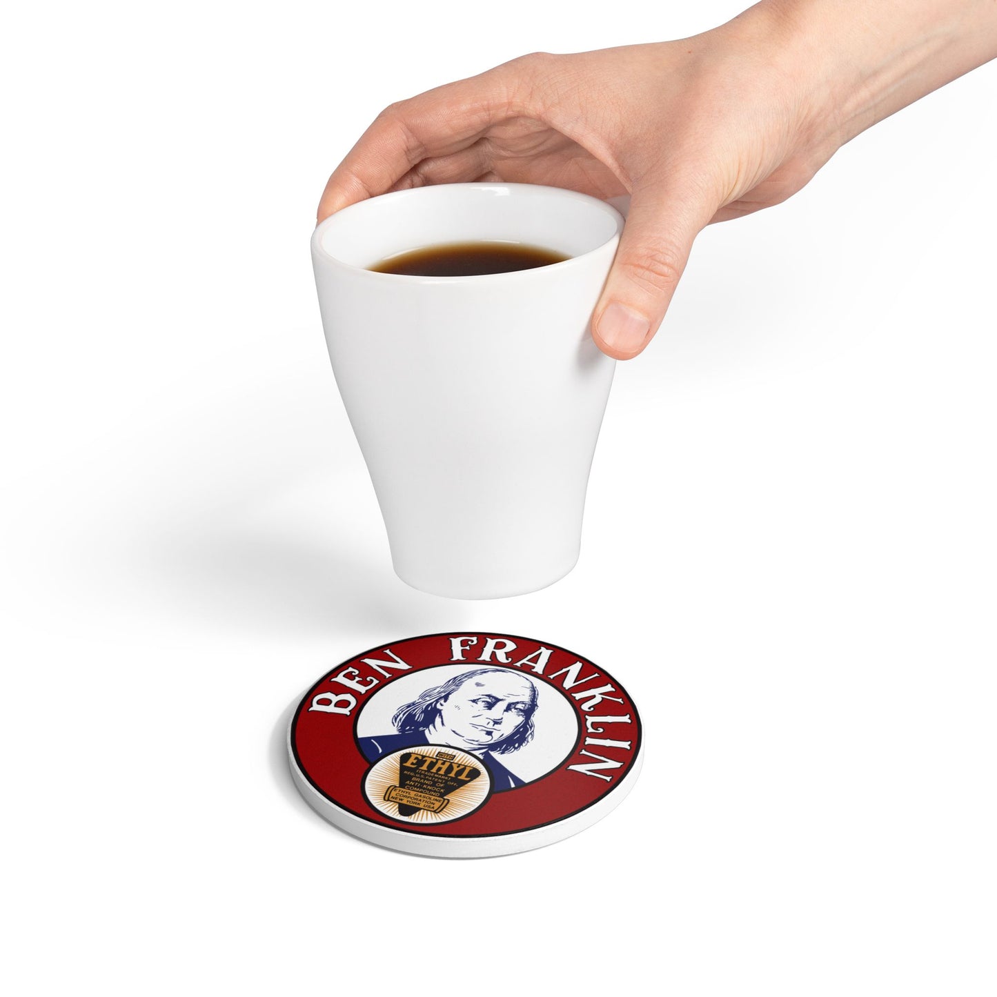 Ben Franklin Gasoline Ceramic Coaster — Vintage Petroliana Gift | The Faded Label Co.