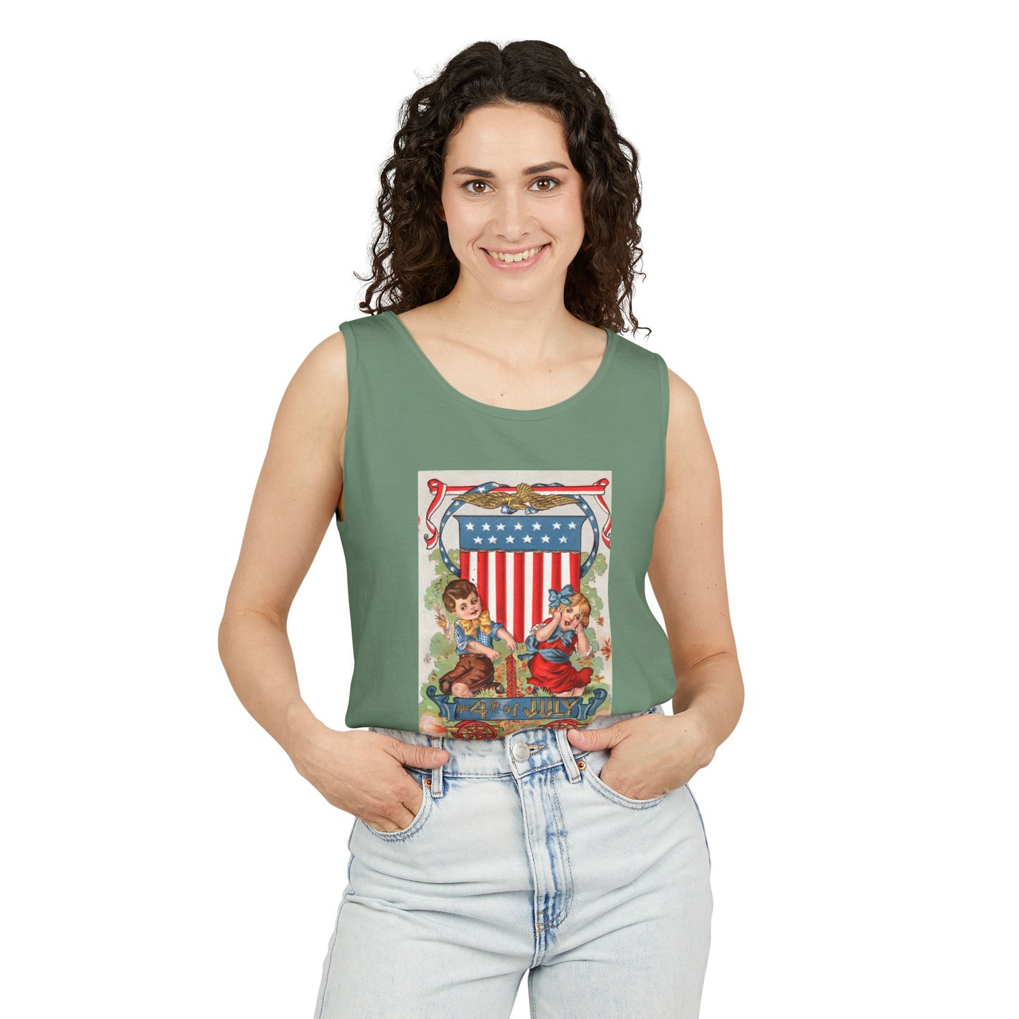 1908 Fourth of July Wagon tank top flat lay denim — Comfort Colors 9360 unisex tank — The Faded Label Co.
