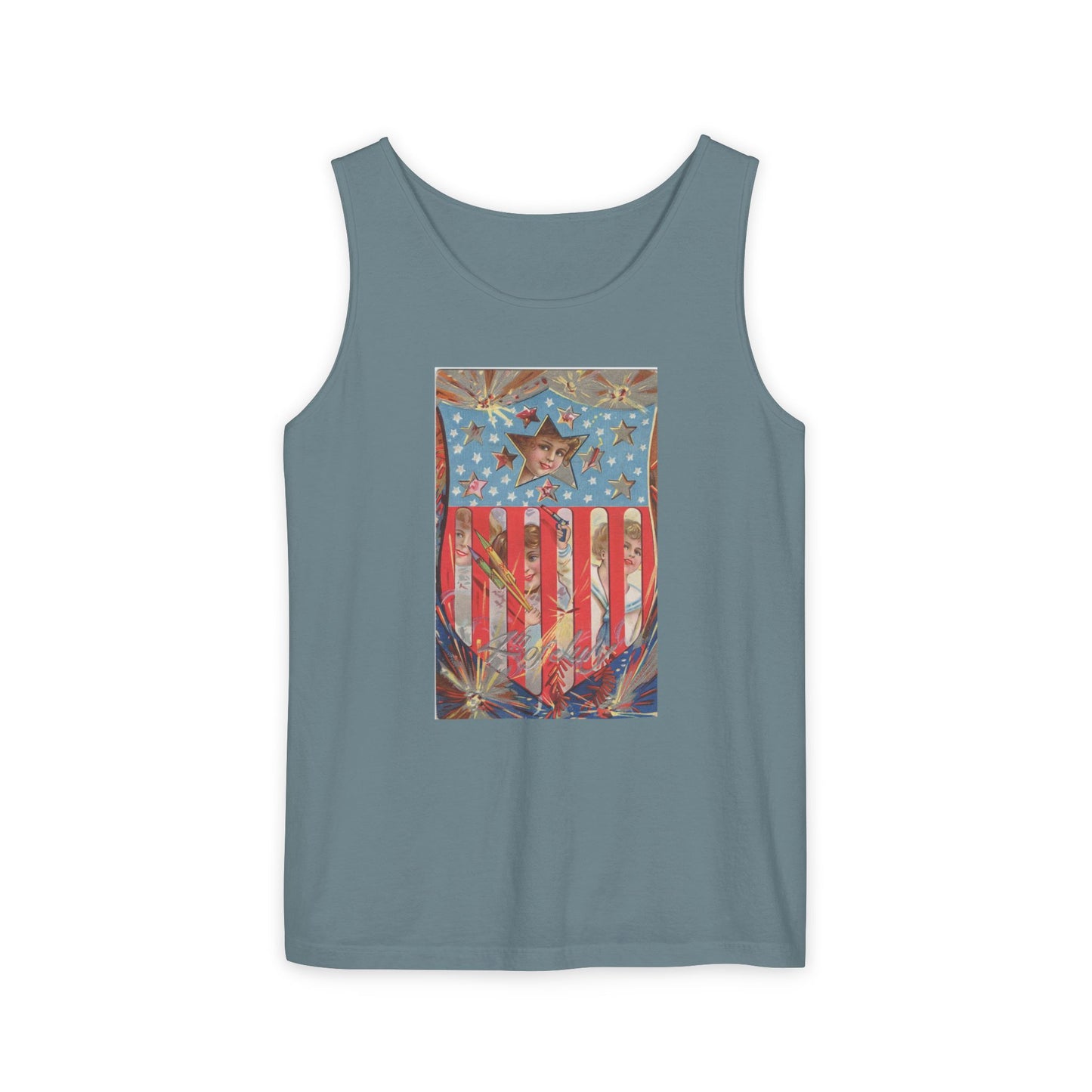 4th of July Shield Girls tank top ivory — vintage embossed patriotic postcard art — The Faded Label Co.