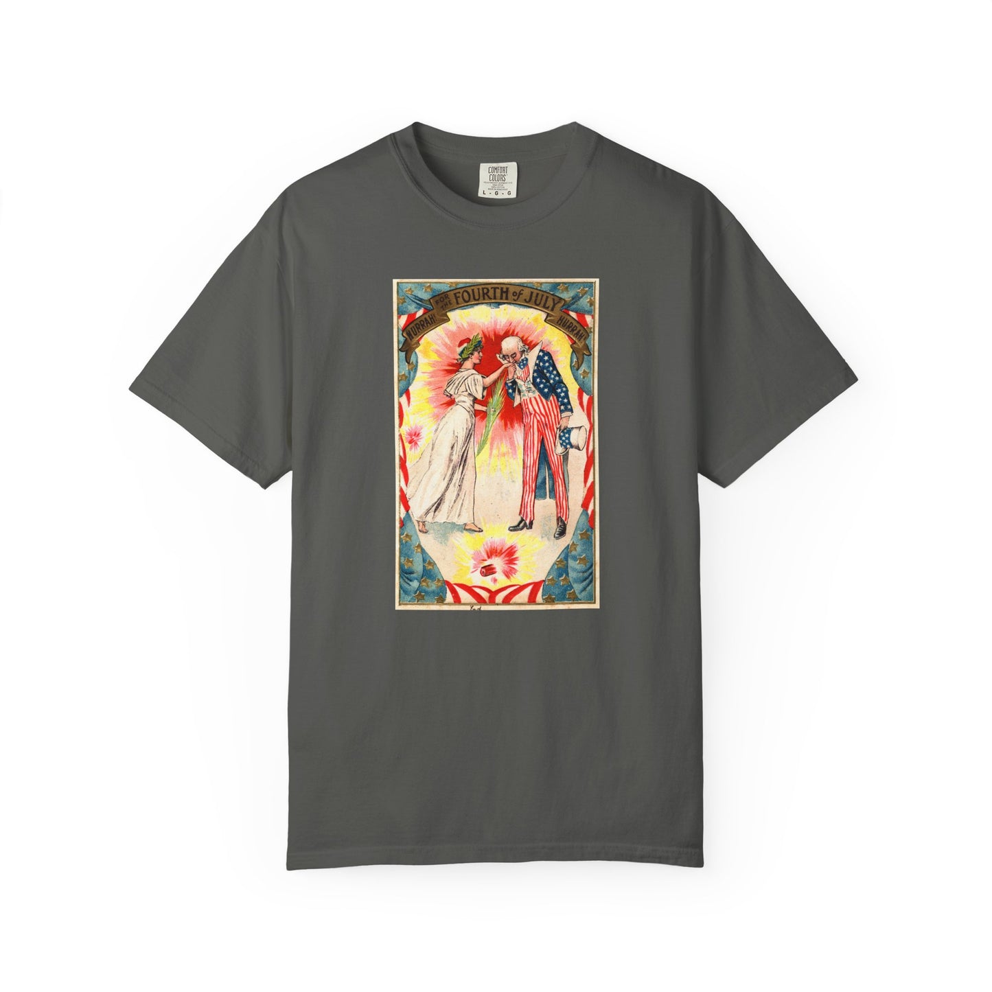 Uncle Sam and Columbia t-shirt chambray — vintage Fourth of July postcard art — The Faded Label Co.