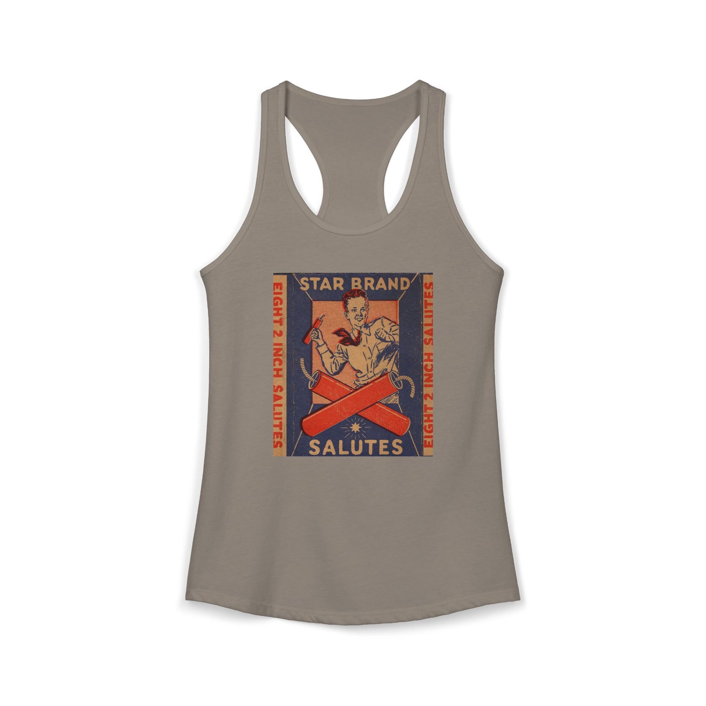 Star Brand Salutes racerback tank red — vintage fireworks label art — The Faded Label Co.