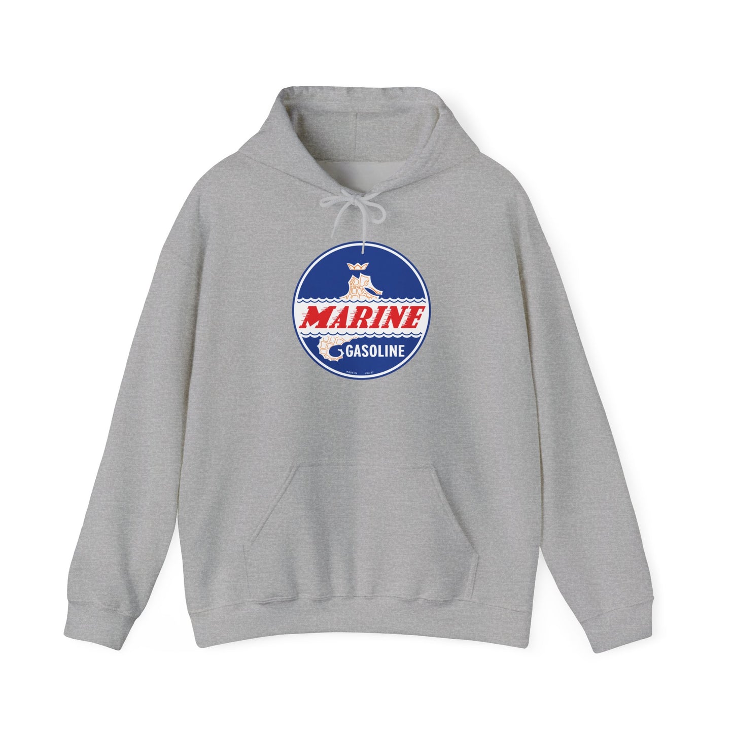 Marine Gasoline Logo Hoodie — Retro Nautical Engine Club Sweatshirt