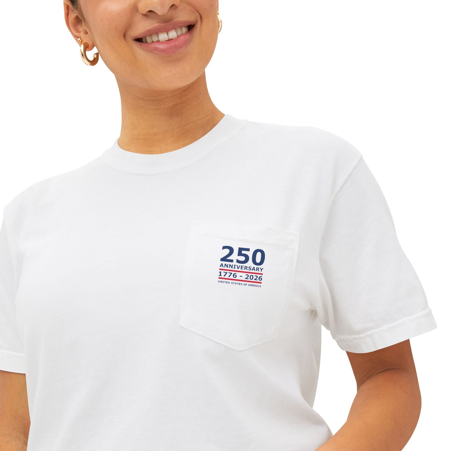 Seahorse Brand Firecrackers pocket t-shirt white closeup — 250th anniversary pocket badge — The Faded Label Co.