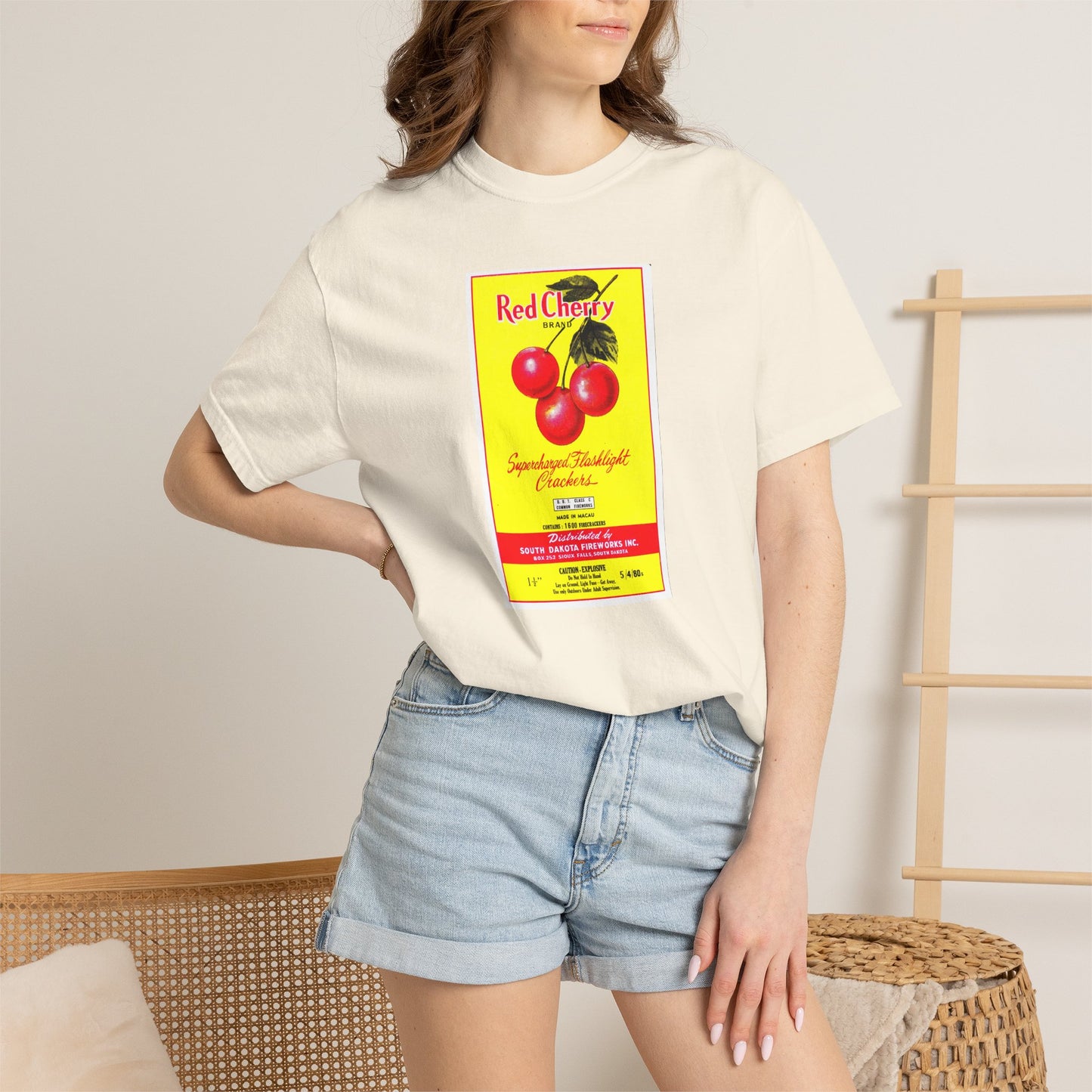 Red Cherry Brand Firecrackers t-shirt on model front — America's 250th Independence Day tee — The Faded Label Co.