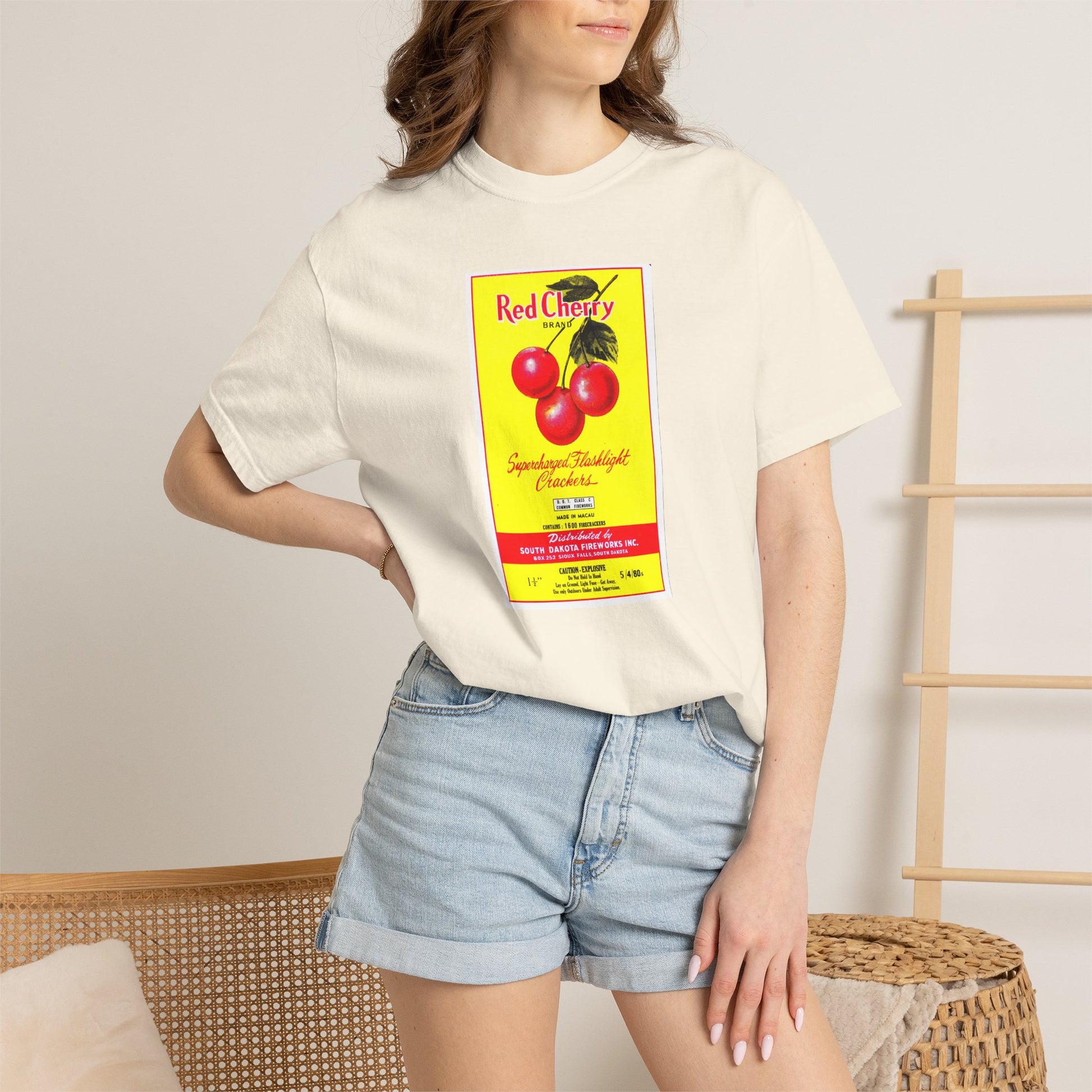Red Cherry Brand Firecrackers t-shirt on model front — America's 250th Independence Day tee — The Faded Label Co.