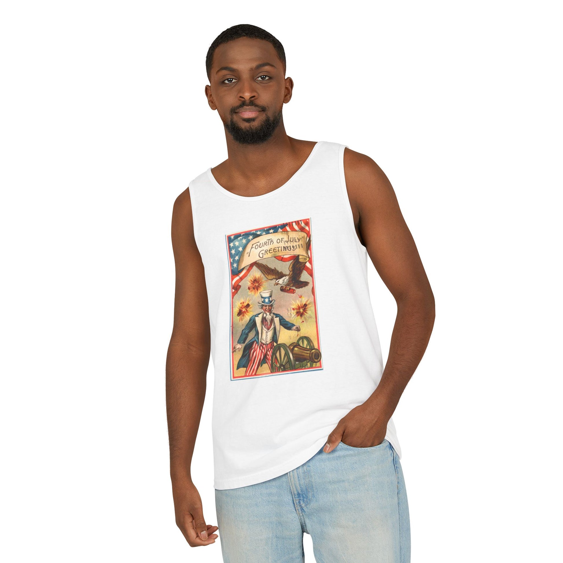 Fourth of July Greetings Uncle Sam tank top lifestyle front — bald eagle cannon chromolithograph — The Faded Label Co.