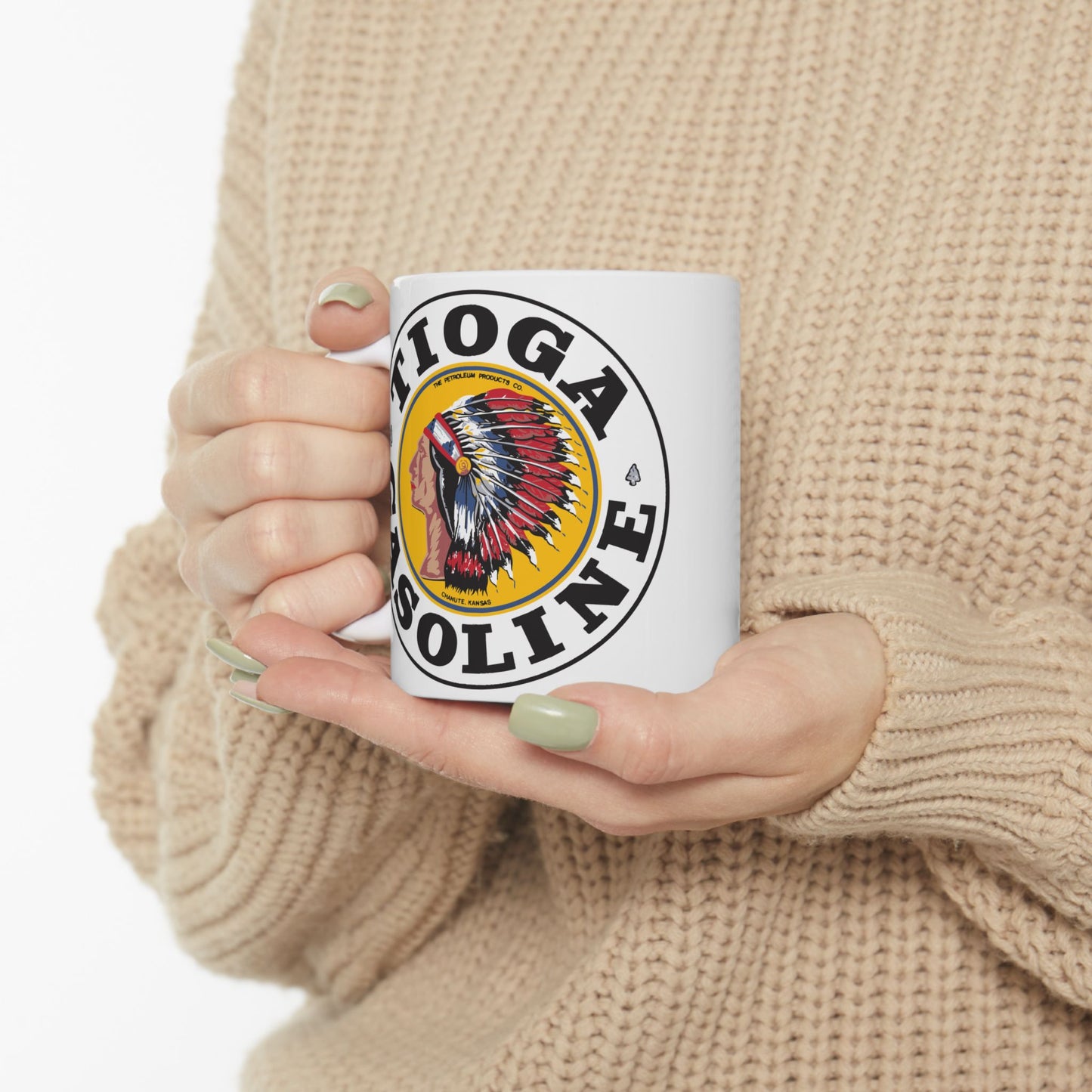 tioga Gasoline Tribe Ceramic Mug — Vintage Indian Head Logo Coffee Cup (11oz & 15oz)