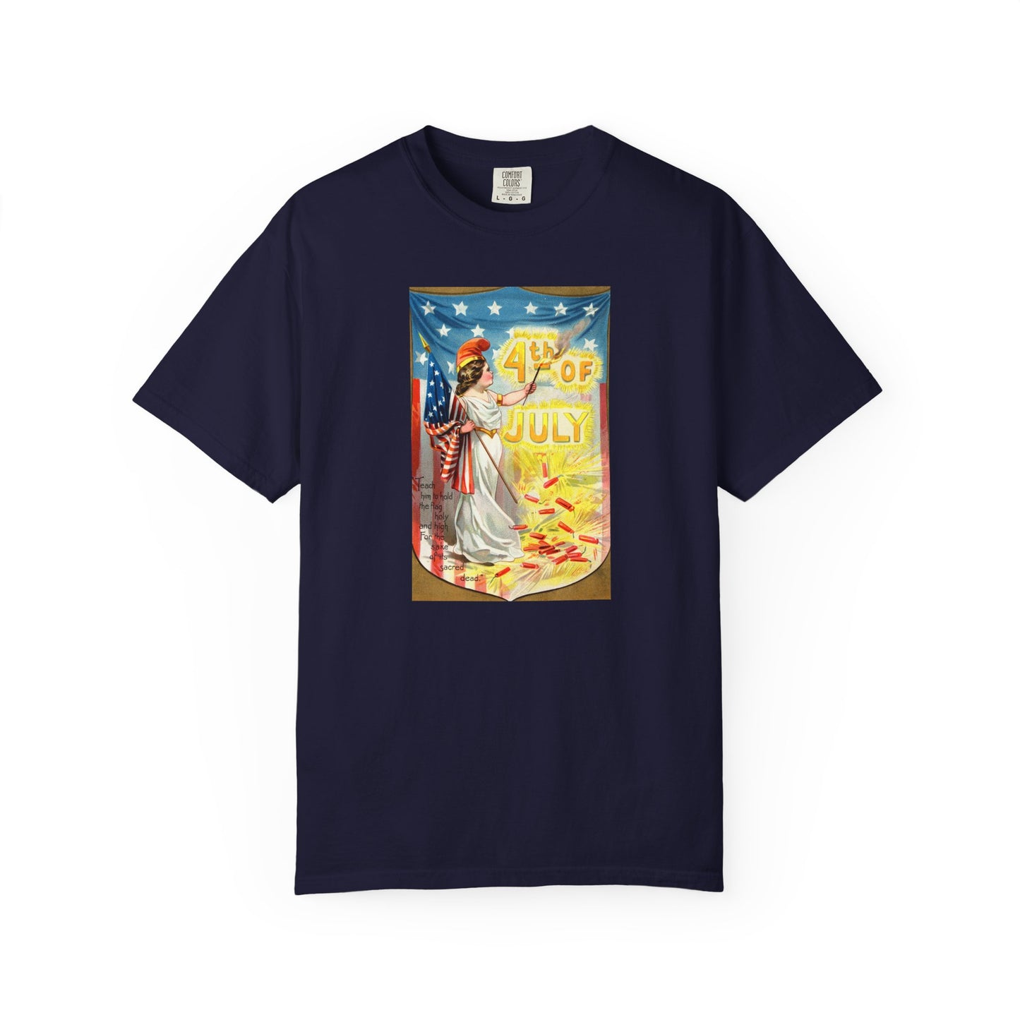 4th of July Flag Girl t-shirt ivory — vintage Columbia patriotic postcard art — The Faded Label Co.