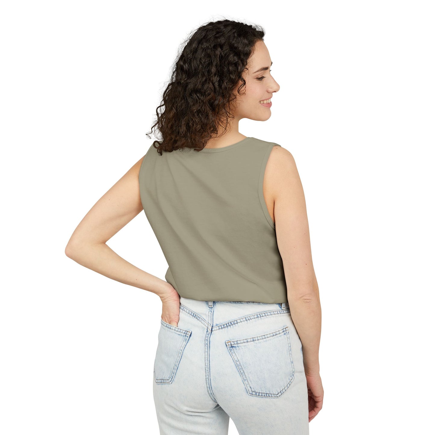 1907 Rocket Girl tank top flat lay blue jean — Comfort Colors 9360 unisex tank — The Faded Label Co.
