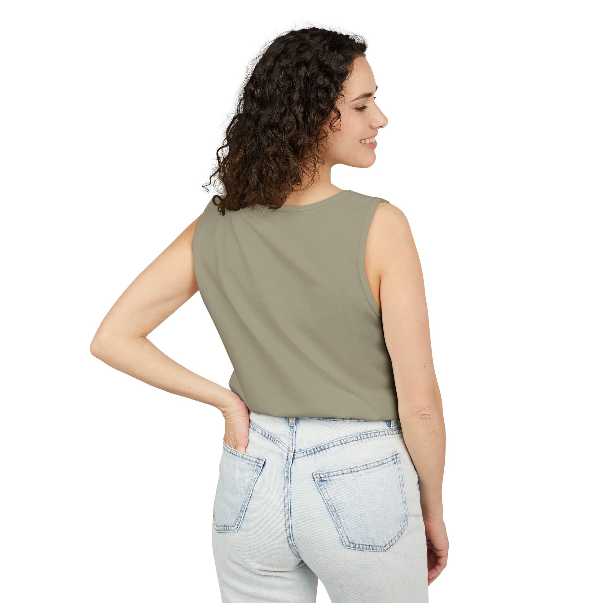 1907 Rocket Girl tank top flat lay blue jean — Comfort Colors 9360 unisex tank — The Faded Label Co.