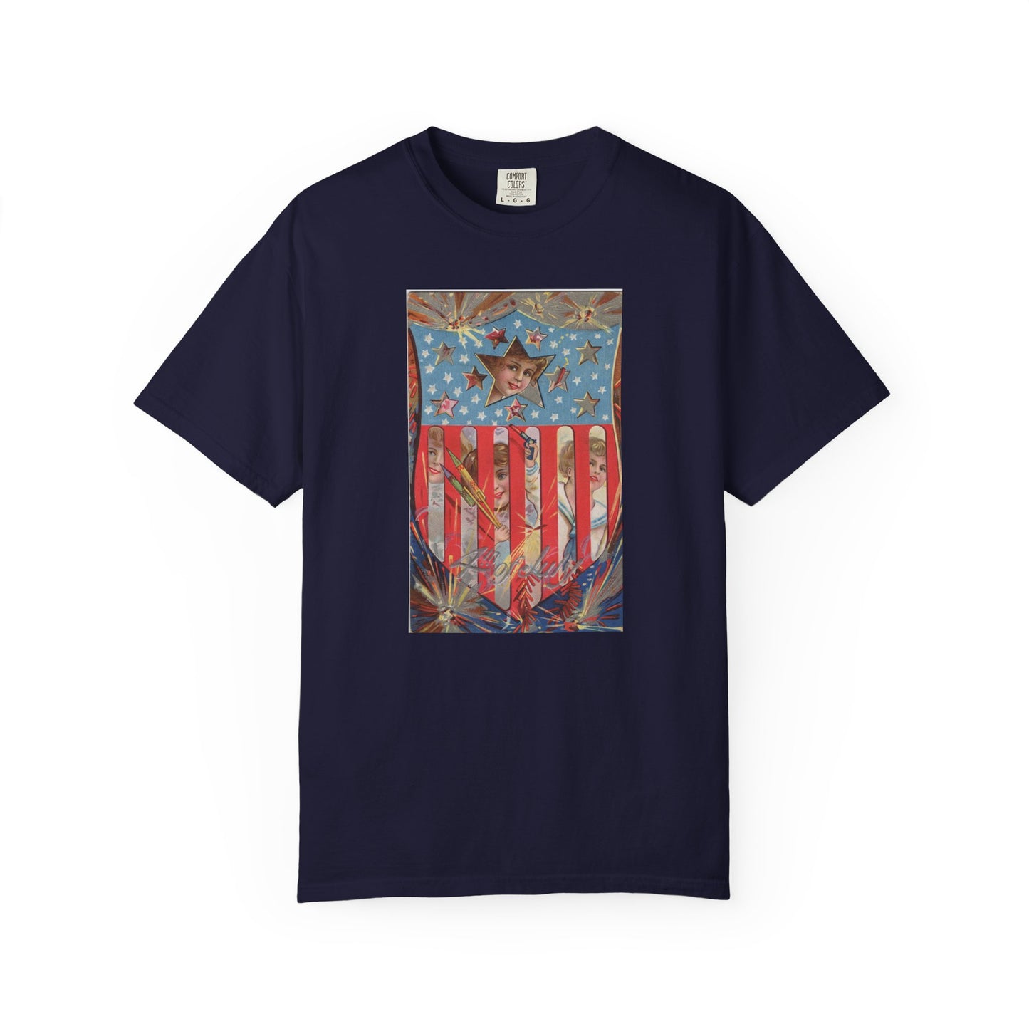 4th of July Shield Girls t-shirt ivory — vintage embossed patriotic postcard art — The Faded Label Co.