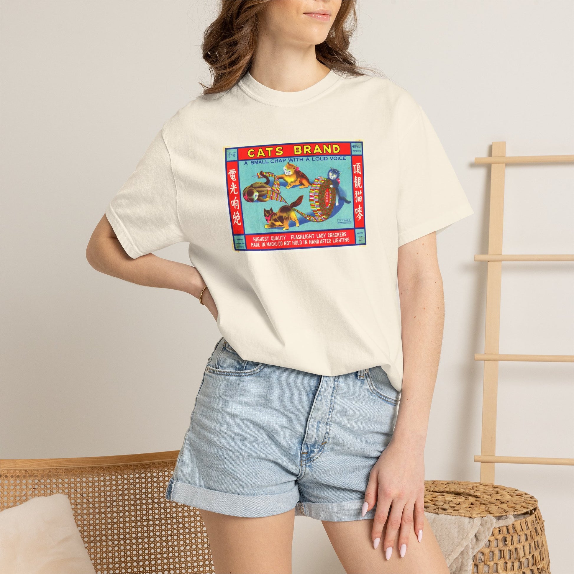 Cats Brand Firecrackers t-shirt on model front — America's 250th anniversary fireworks apparel — The Faded Label Co.