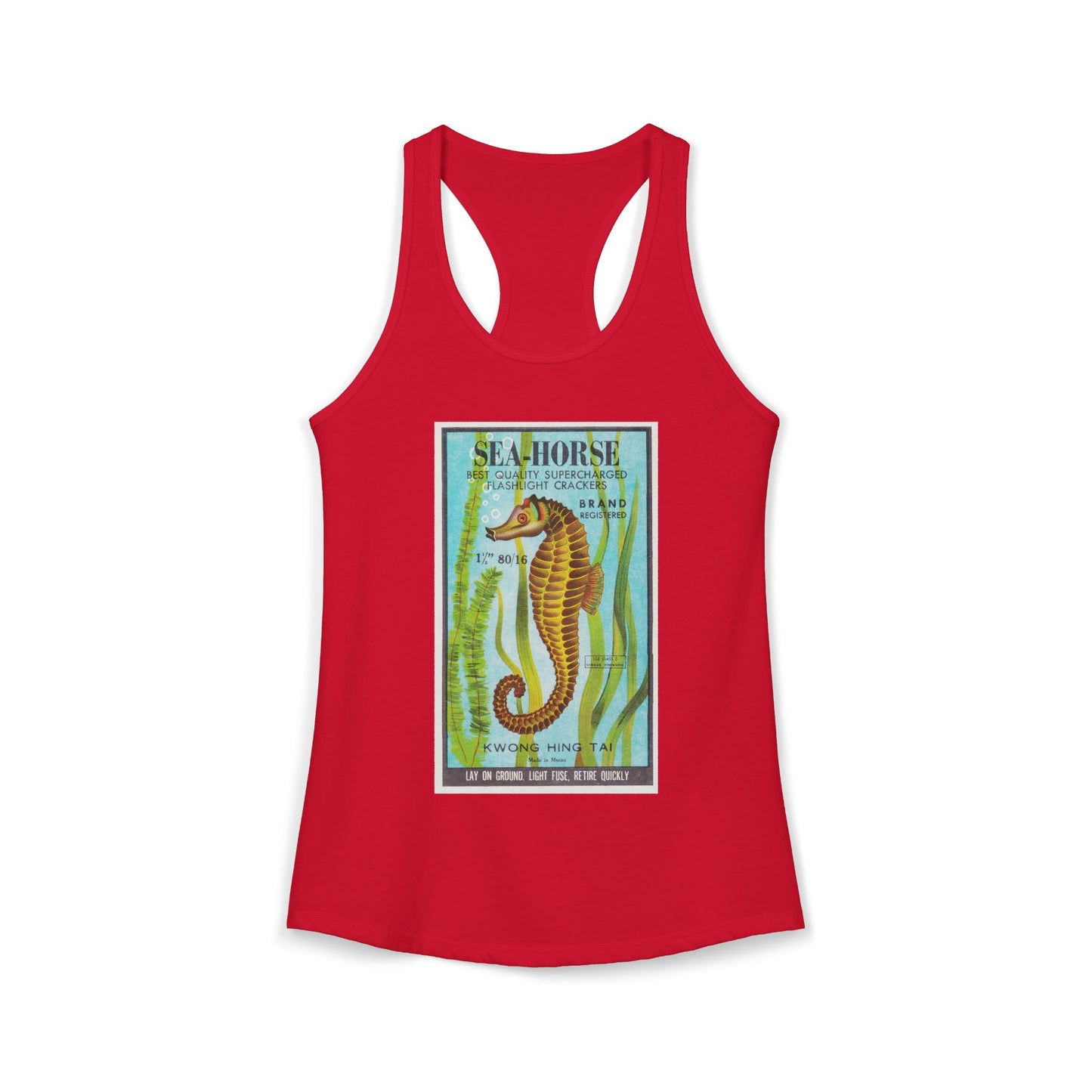 Seahorse Brand Firecrackers racerback tank warm gray — 4th of July women's summer tank — The Faded Label Co.