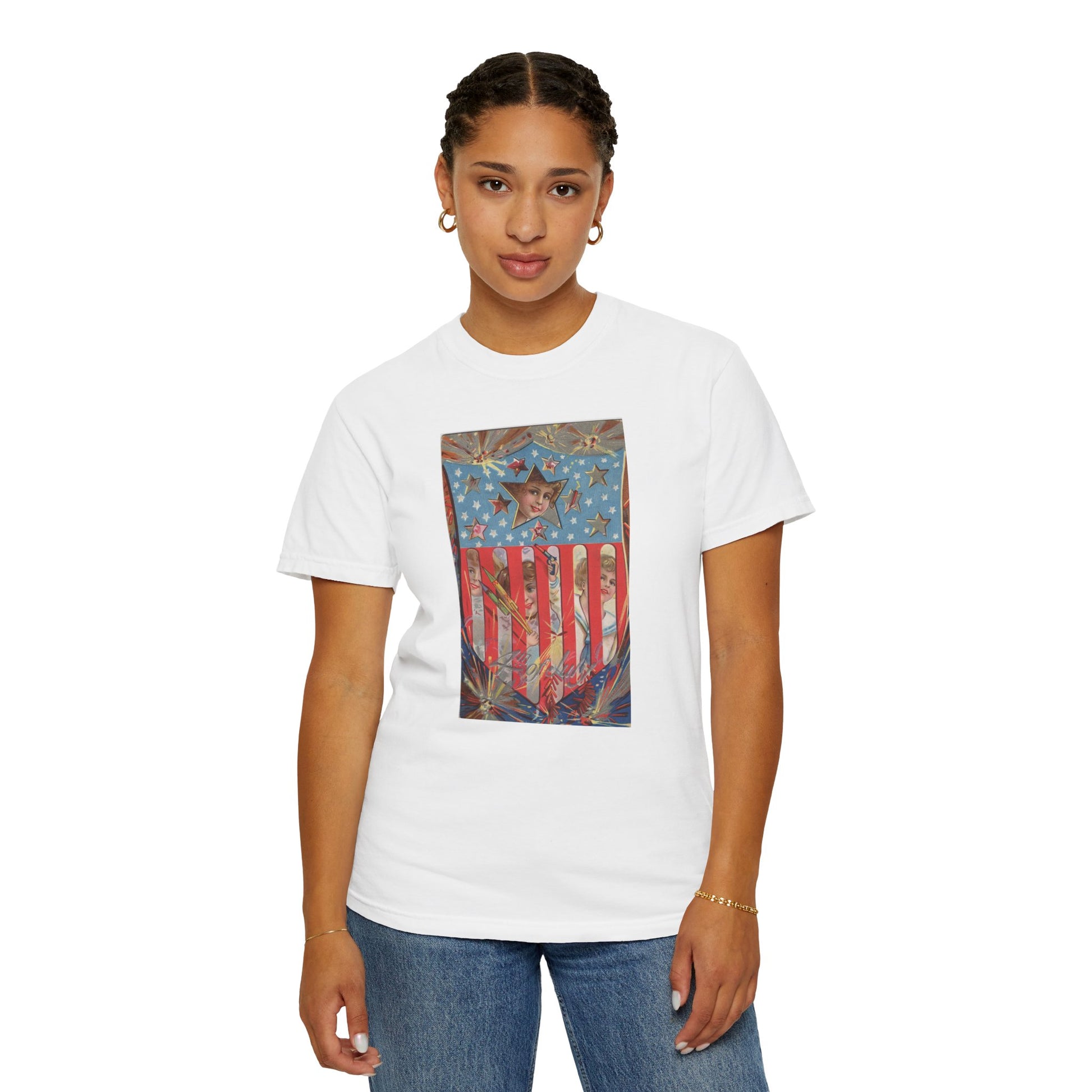 4th of July Shield Girls t-shirt lifestyle — early 1900s American shield chromolithograph — The Faded Label Co.