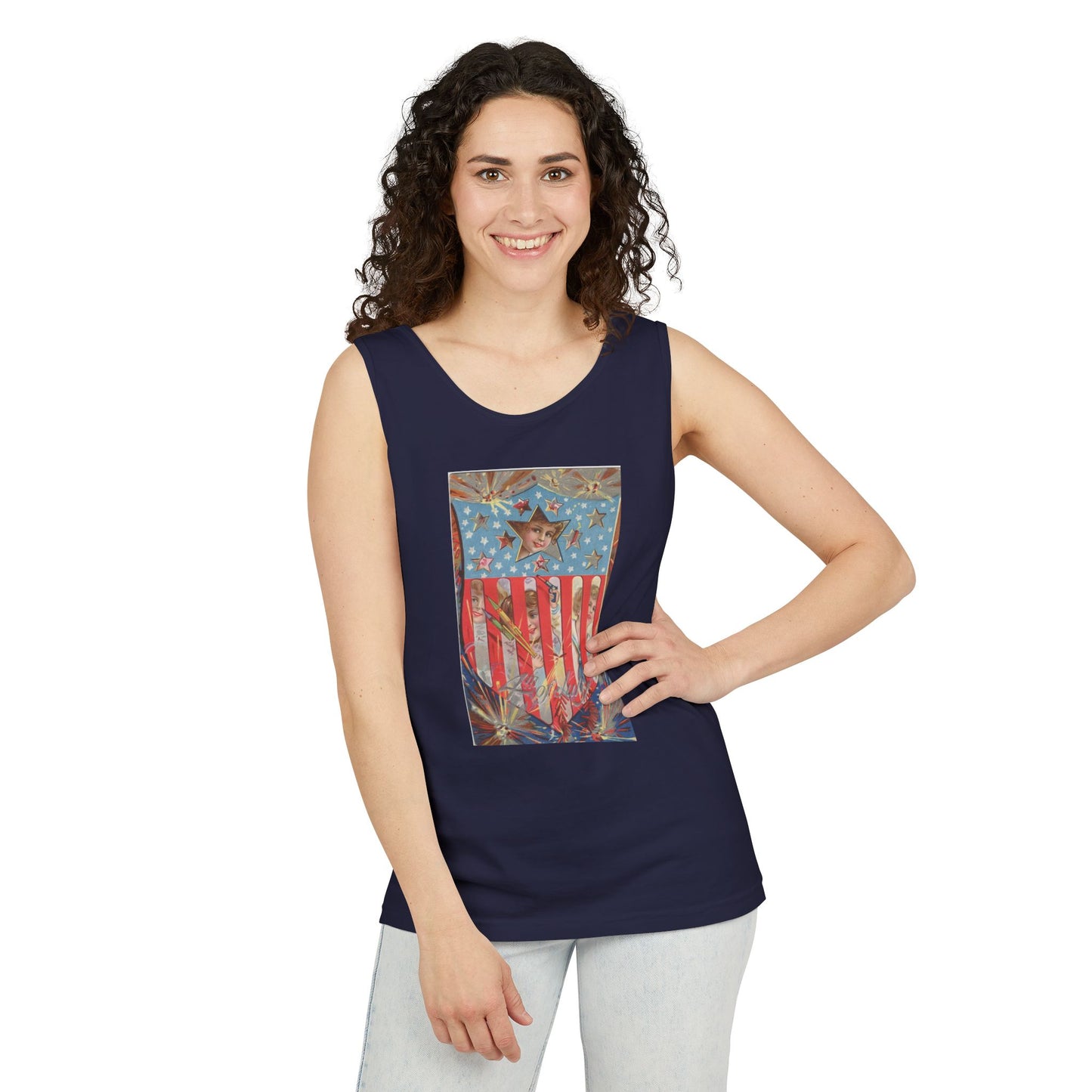 4th of July Shield Girls tank top size chart — Comfort Colors 9360 unisex vintage tank — The Faded Label Co.