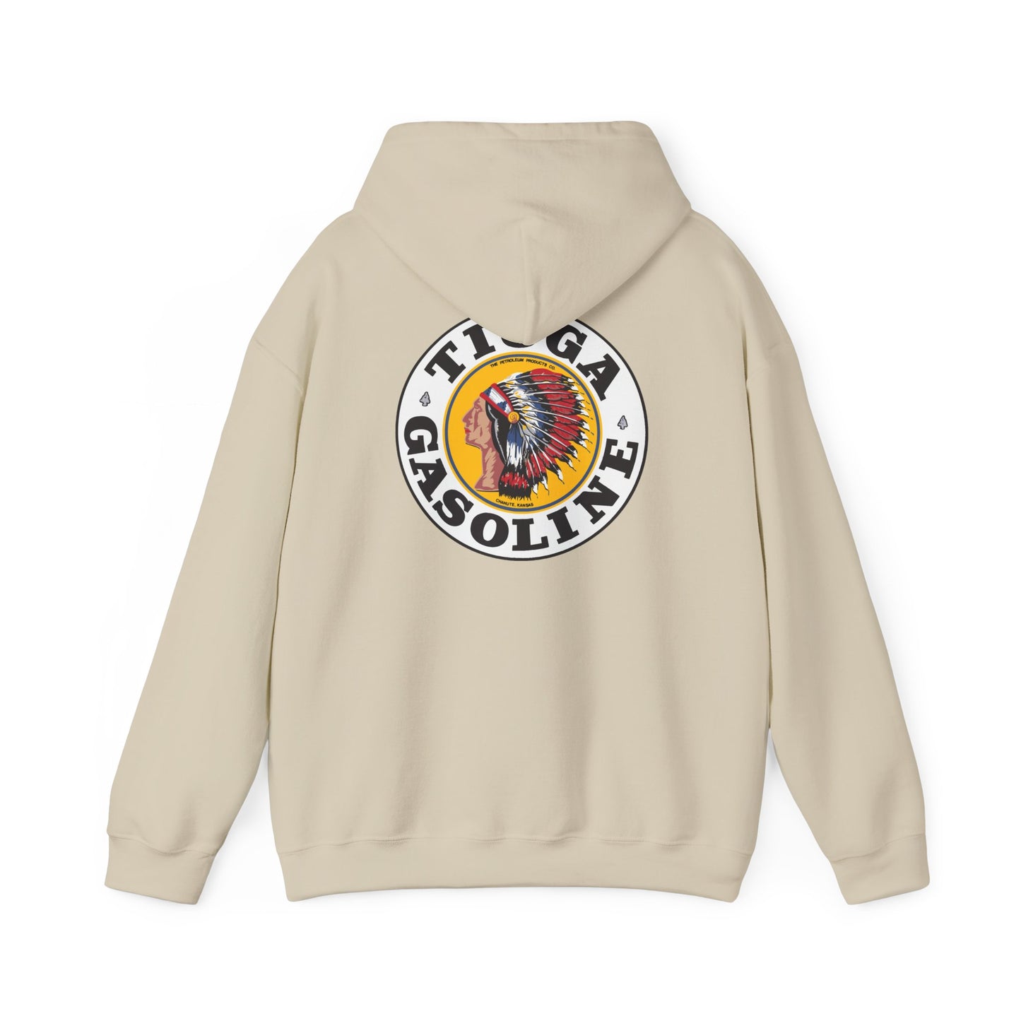 Tioga Gasoline Logo Hoodie — Vintage Native Chief Emblem