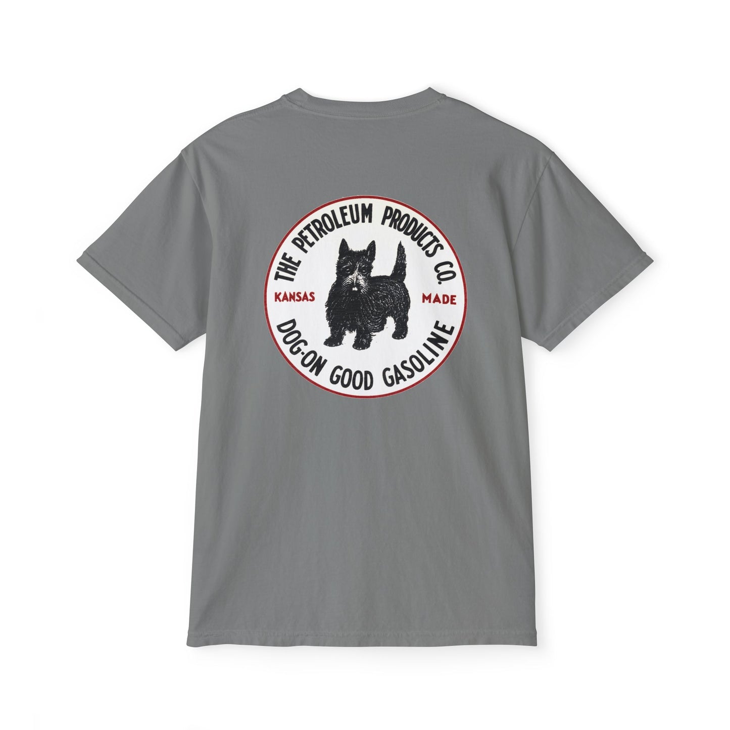 Dog-On Good Gasoline pocket tee on model — vintage petroliana gift — The Faded Label Co.