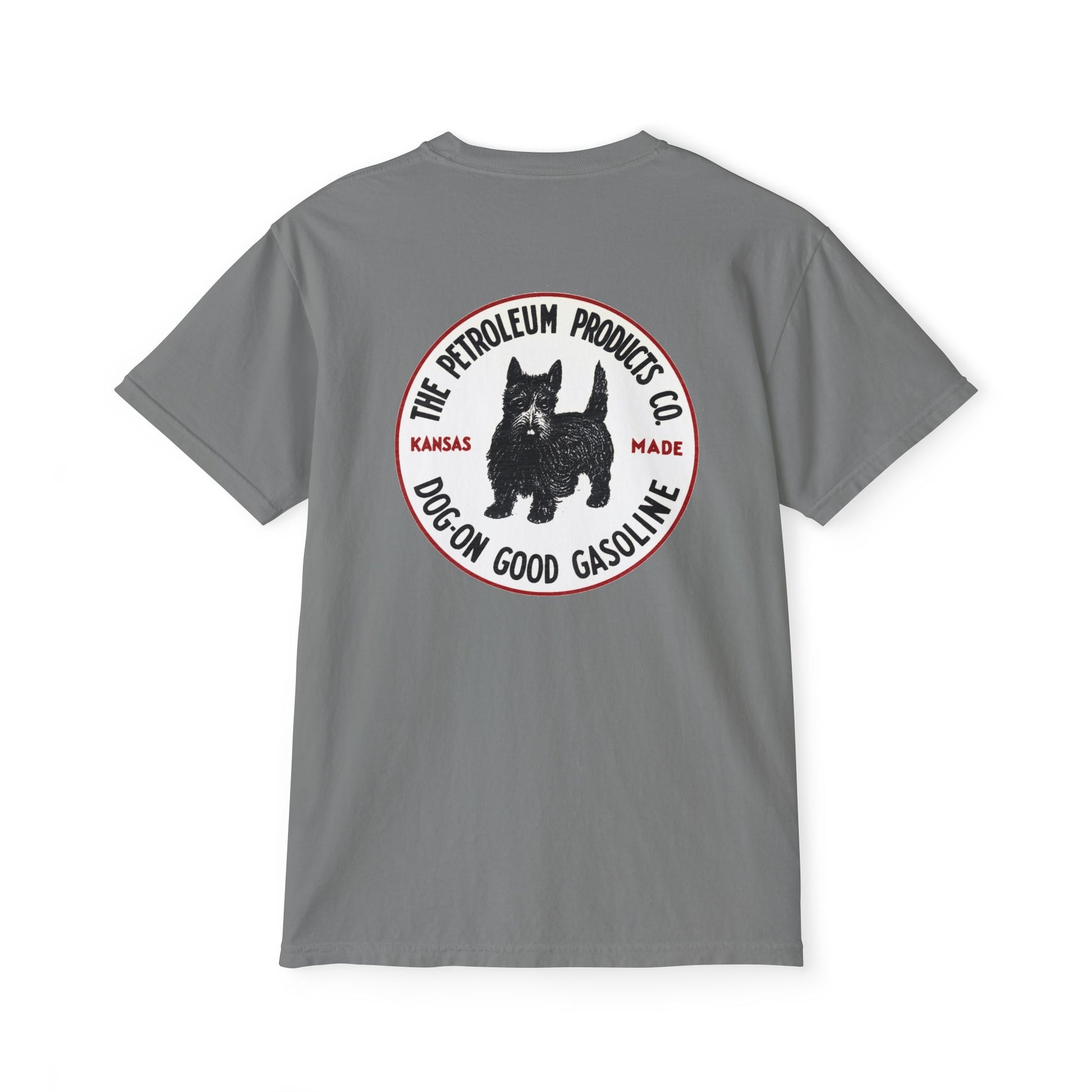Dog-On Good Gasoline pocket tee on model — vintage petroliana gift — The Faded Label Co.