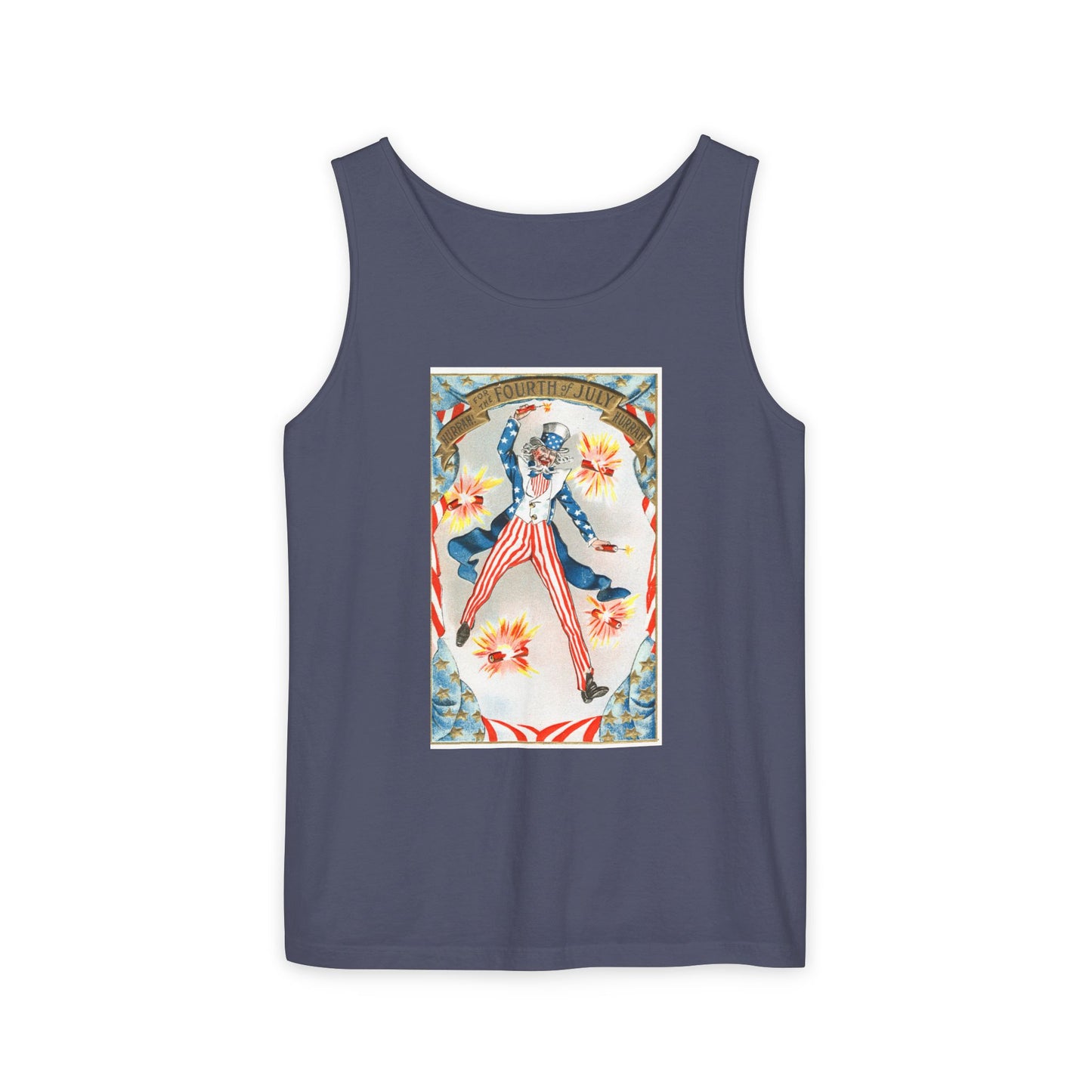 Hurrah Fourth of July Uncle Sam tank top ivory — vintage patriotic postcard art — The Faded Label Co.