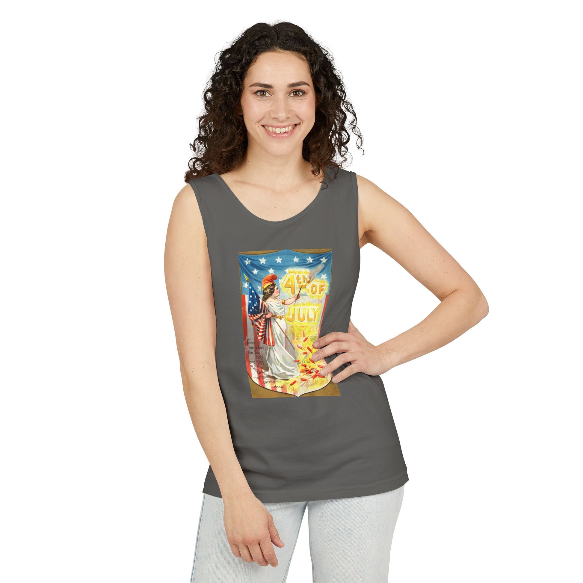4th of July Flag Girl tank top flat lay white — Comfort Colors 9360 unisex tank — The Faded Label Co.