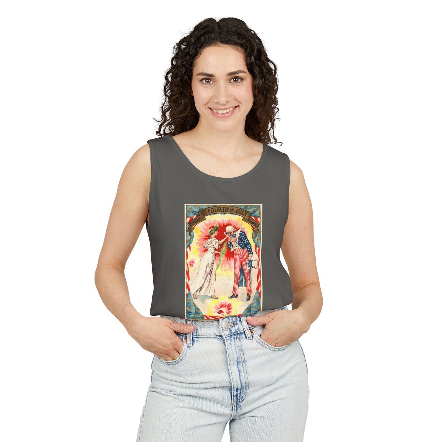 Uncle Sam and Columbia tank top blue jean — vintage Fourth of July postcard art — The Faded Label Co.