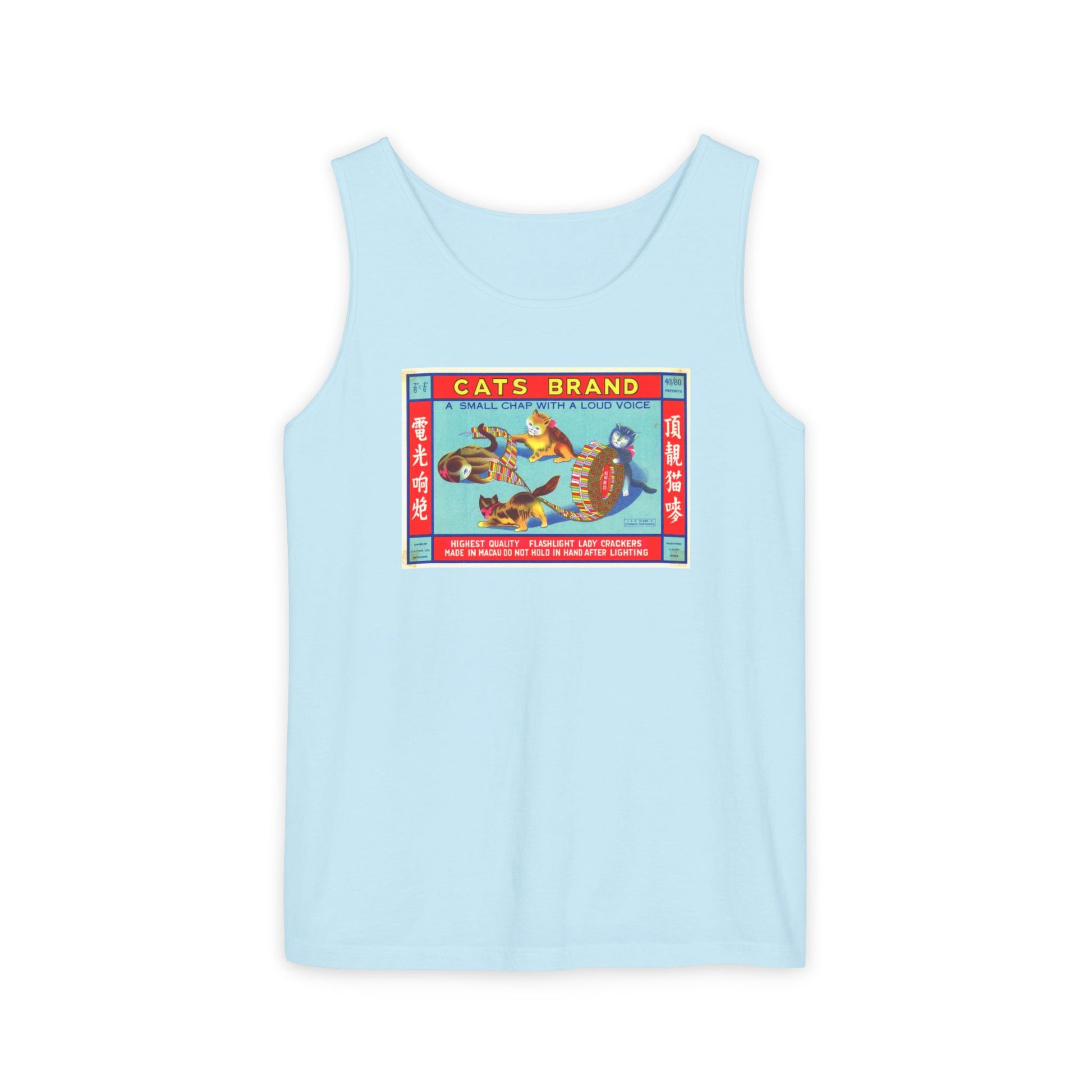 Cat Brand Firecrackers tank top crimson — vintage firecracker label graphic — The Faded Label Co.