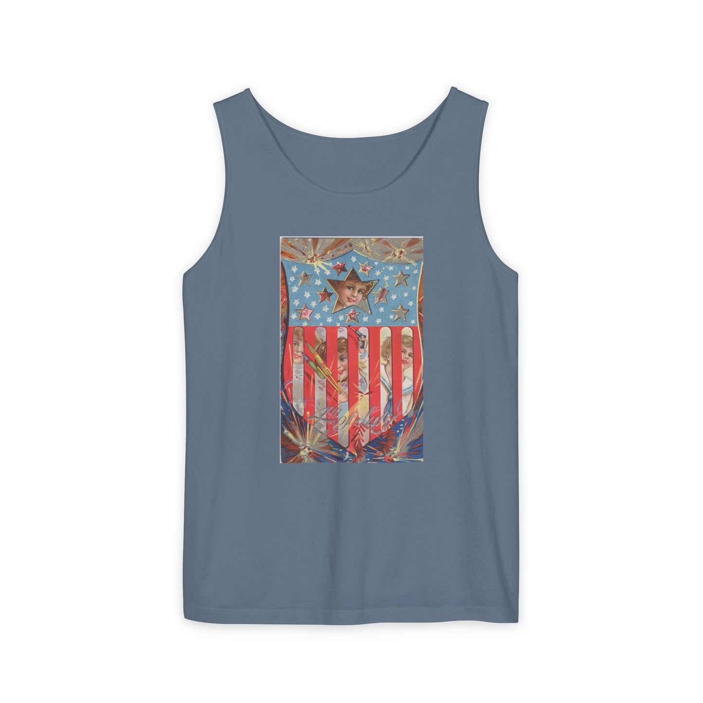 4th of July Shield Girls tank top ice blue — vintage embossed patriotic postcard art — The Faded Label Co.