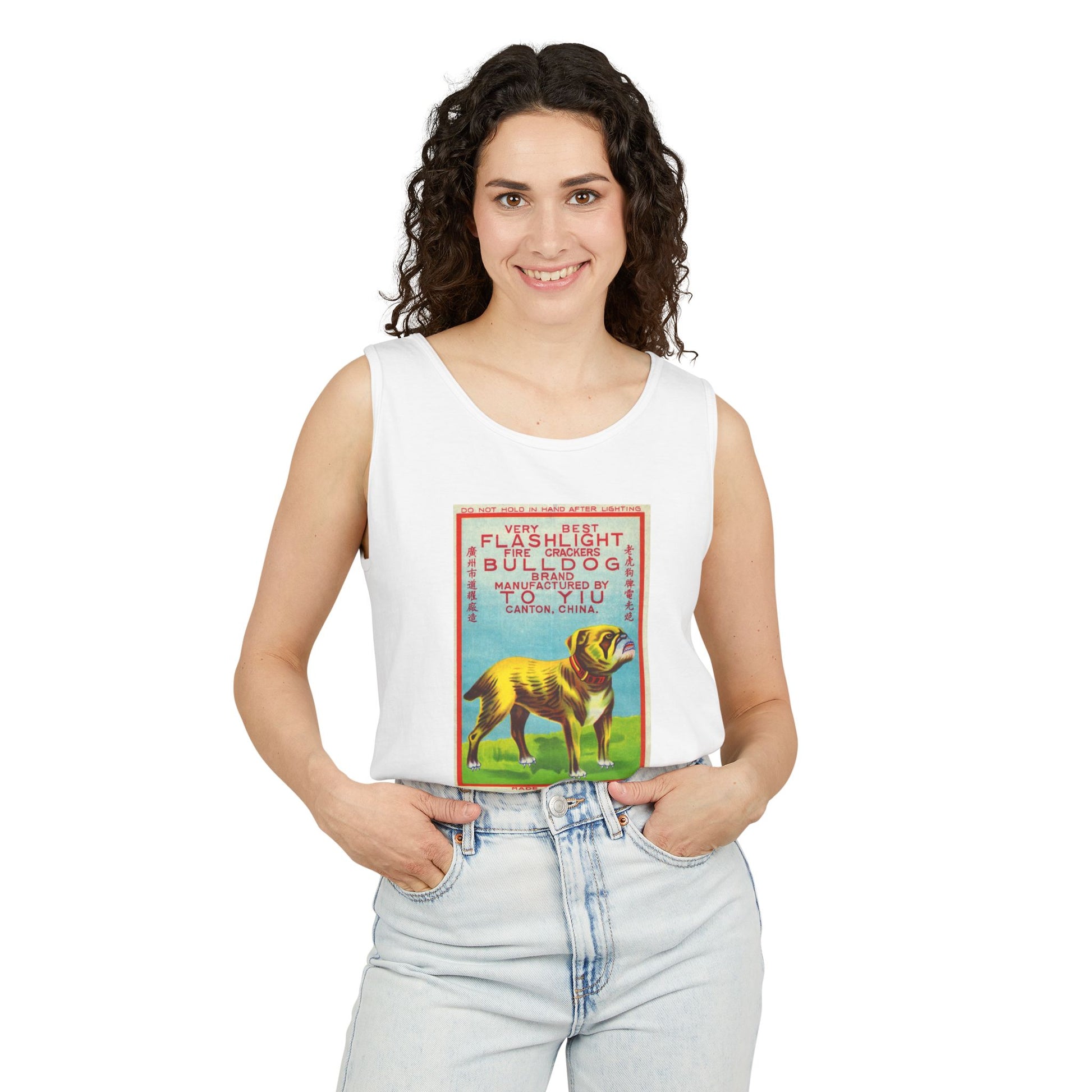 Bulldog Firecrackers tank top sand — firecracker label collector gift — The Faded Label Co.
