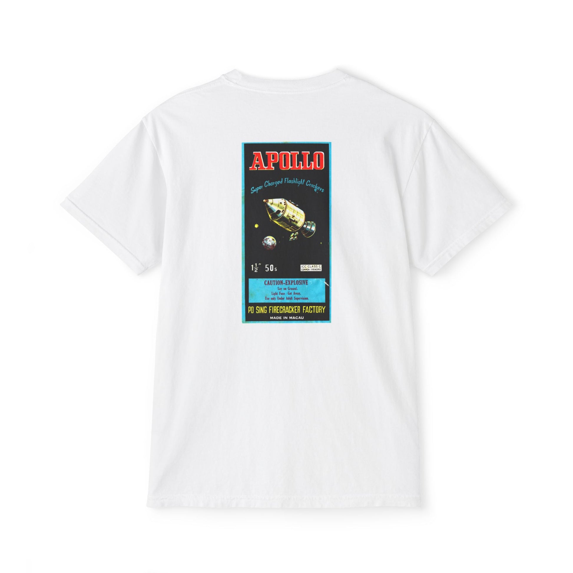Apollo Firecrackers pocket t-shirt white — person wearing — The Faded Label Co.