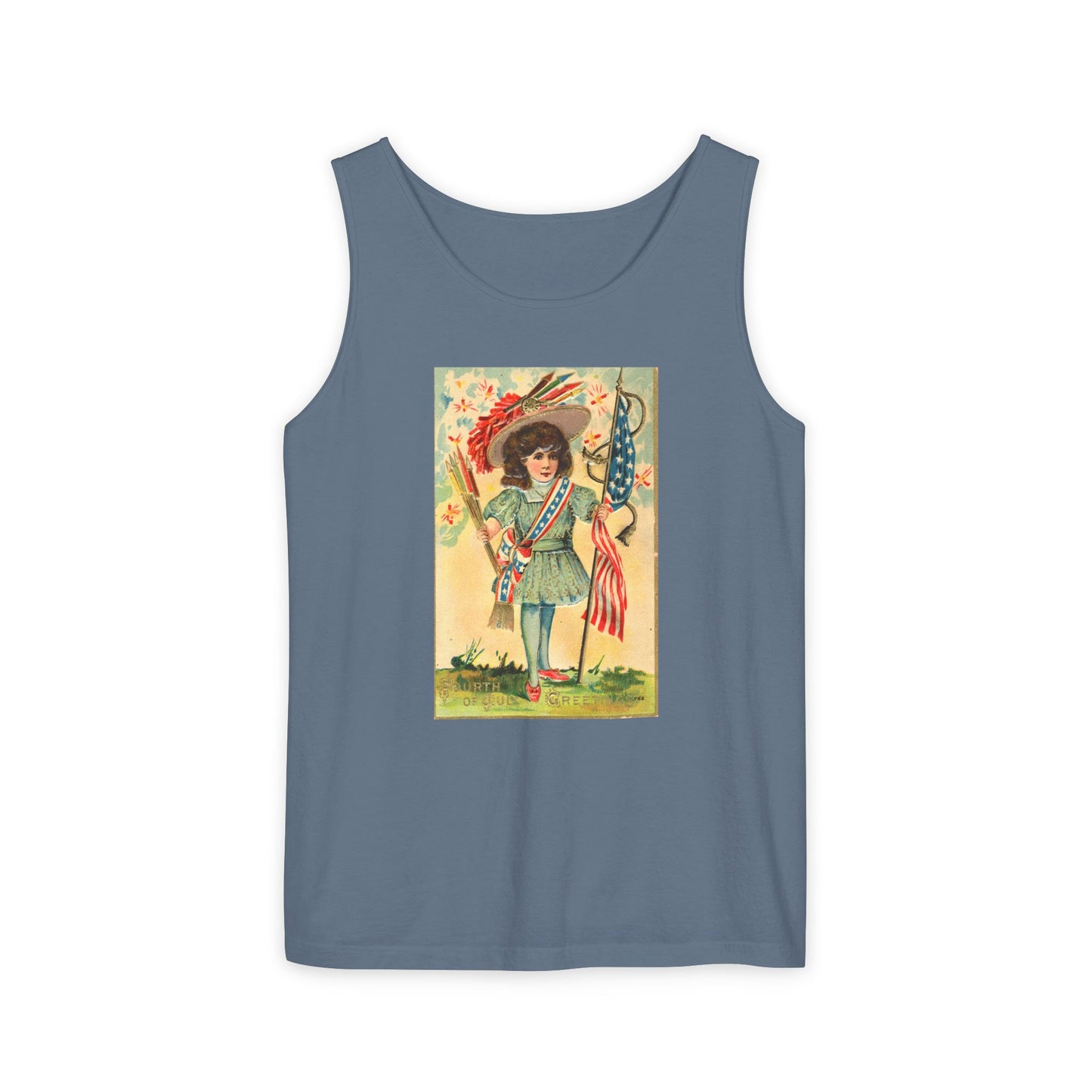 4th of July Patriotic Girl tank top light green — vintage patriotic postcard art — The Faded Label Co.