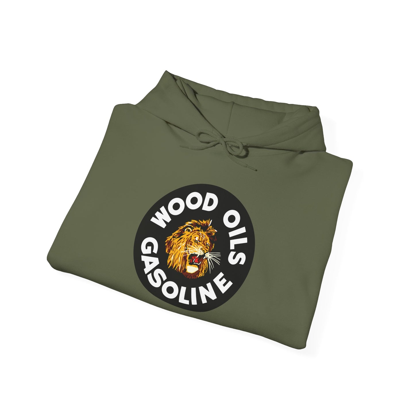 Lion Emblem Gasoline Hoodie — 'Wood Oils Gasoline' Retro Logo Sweatshirt