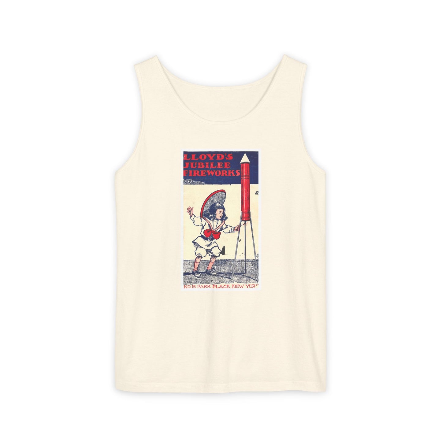 Lloyd's Jubilee Firecrackers tank top white — vintage fireworks label art — The Faded Label Co.