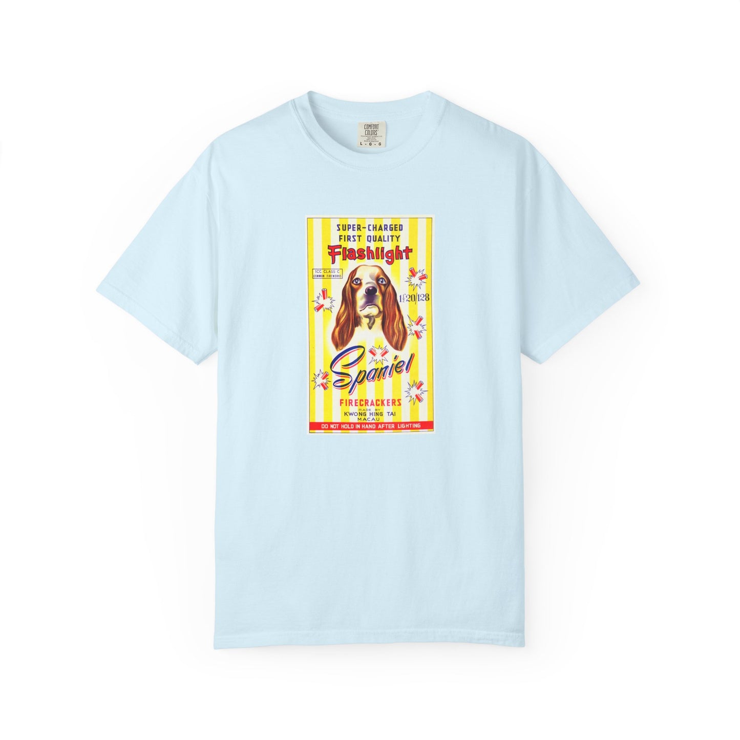 Spaniel Brand Firecrackers t-shirt Chambray — vintage 4th of July graphic Comfort Colors — The Faded Label Co.