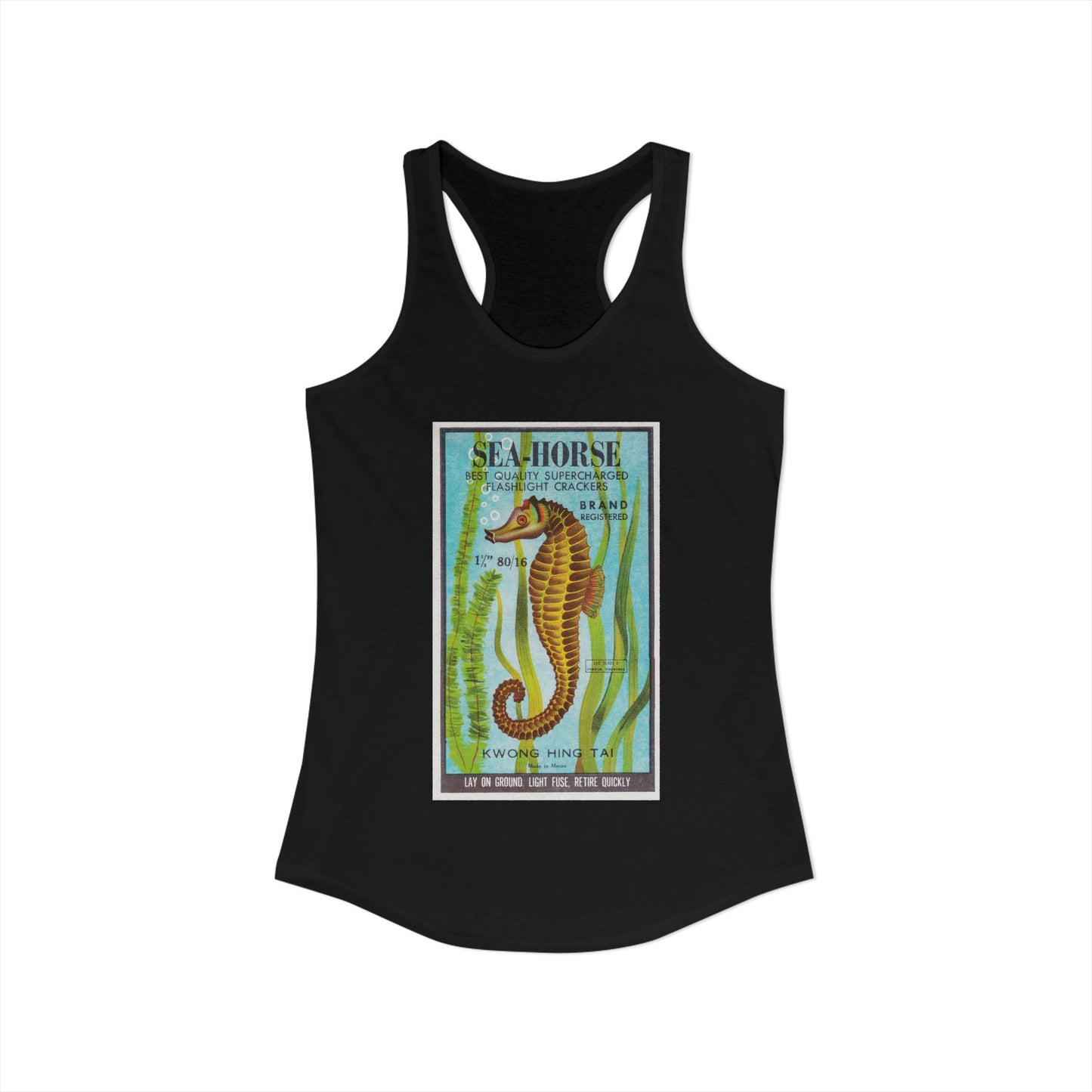 Seahorse Brand Firecrackers racerback tank black — vintage fireworks label art — The Faded Label Co.