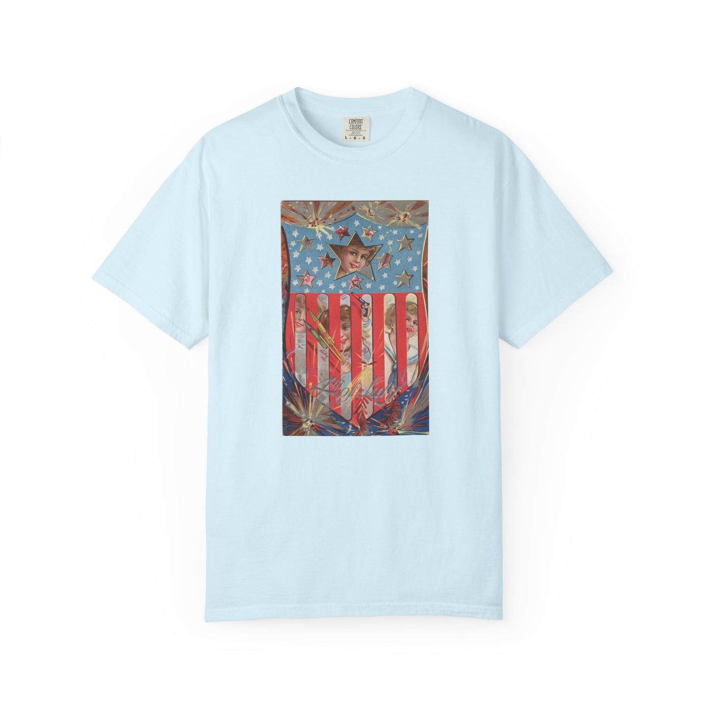4th of July Shield Girls t-shirt true navy — vintage embossed patriotic postcard art — The Faded Label Co.