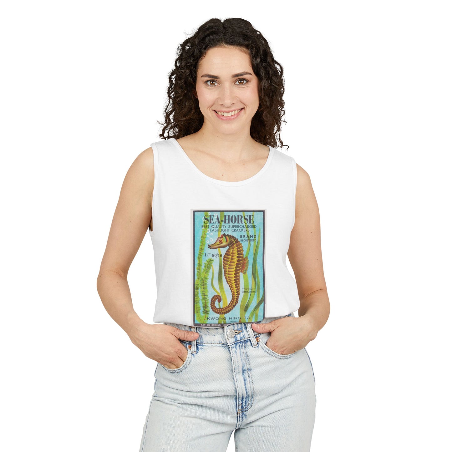 Seahorse Brand Firecrackers tank top sand — firecracker label collector gift — The Faded Label Co.